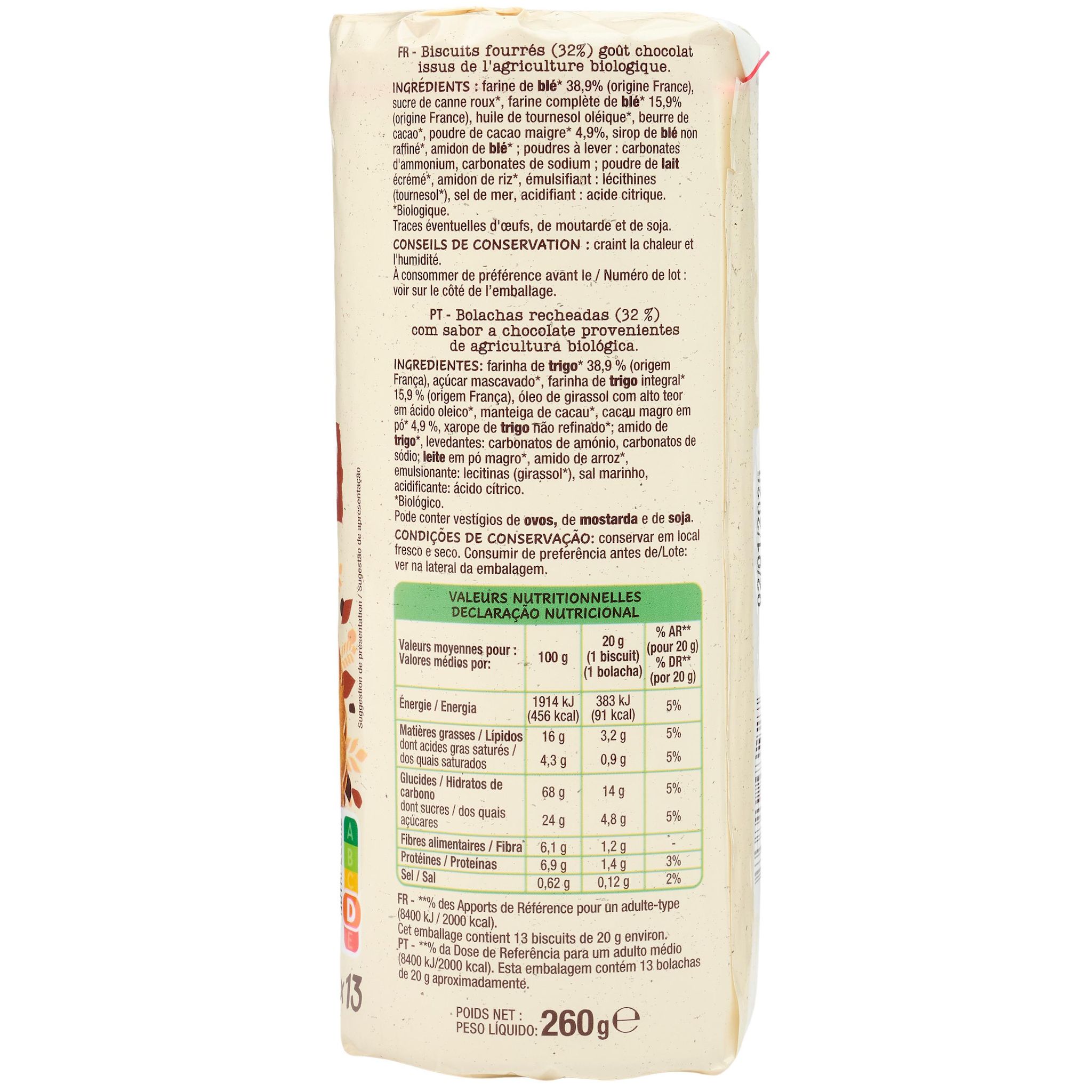 Voir la diapositive 3 : AUCHAN BIO Mon goûter biscuits fourrés chocolat au blé complet 13 biscuits 260g