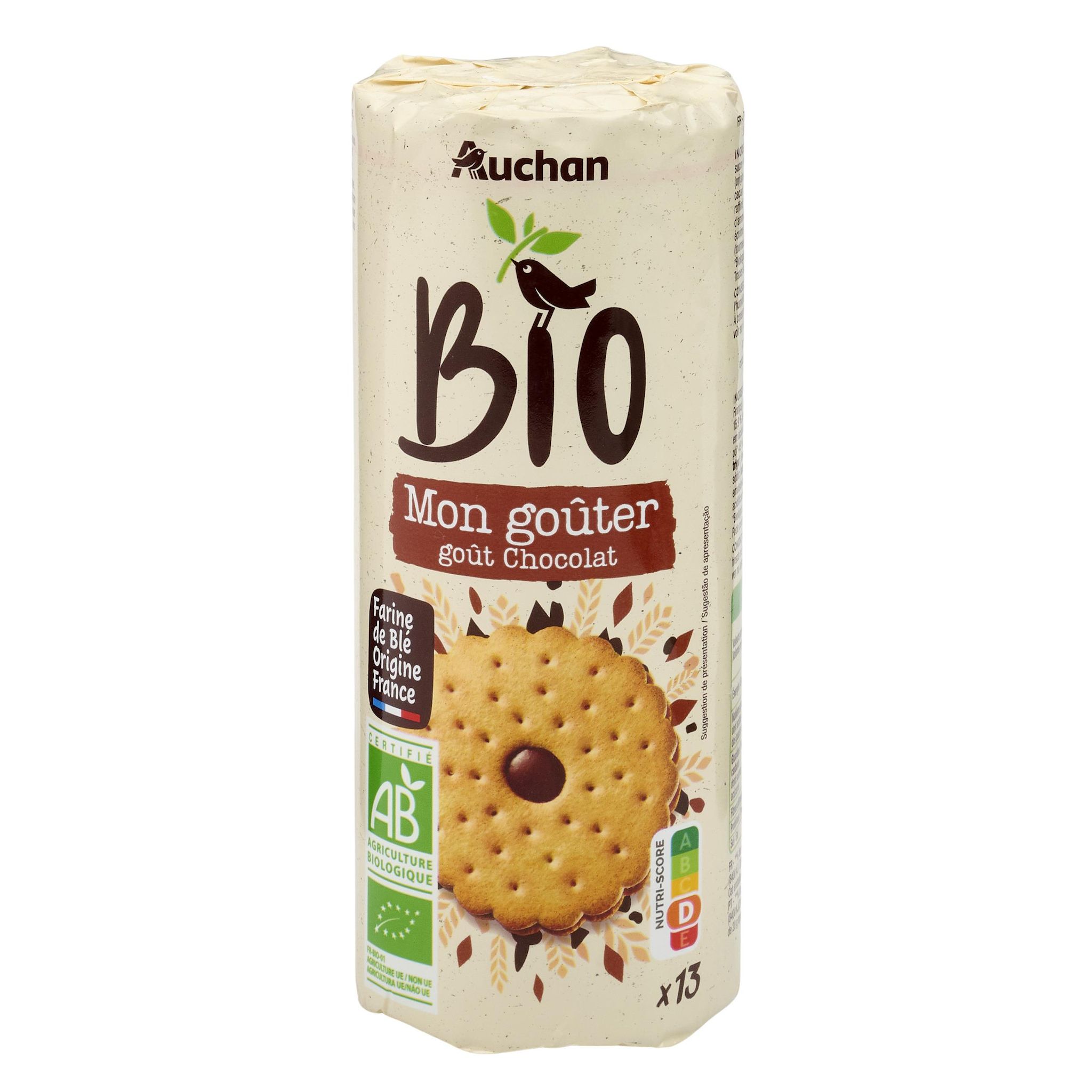 Voir la diapositive 4 : AUCHAN BIO Mon goûter biscuits fourrés chocolat au blé complet 13 biscuits 260g