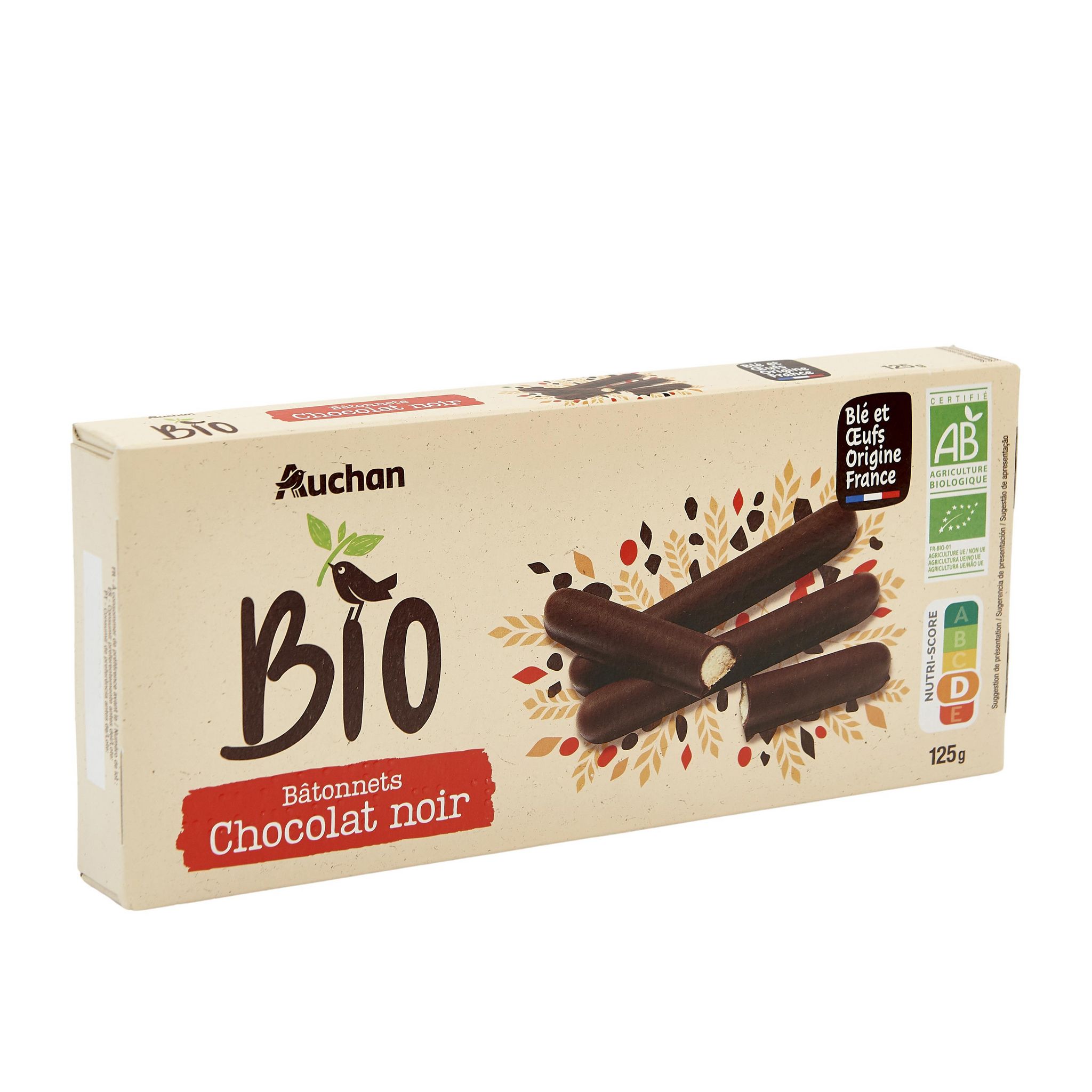 Voir la diapositive 2 : AUCHAN BIO Bâtonnets aux chocolat noir 125g