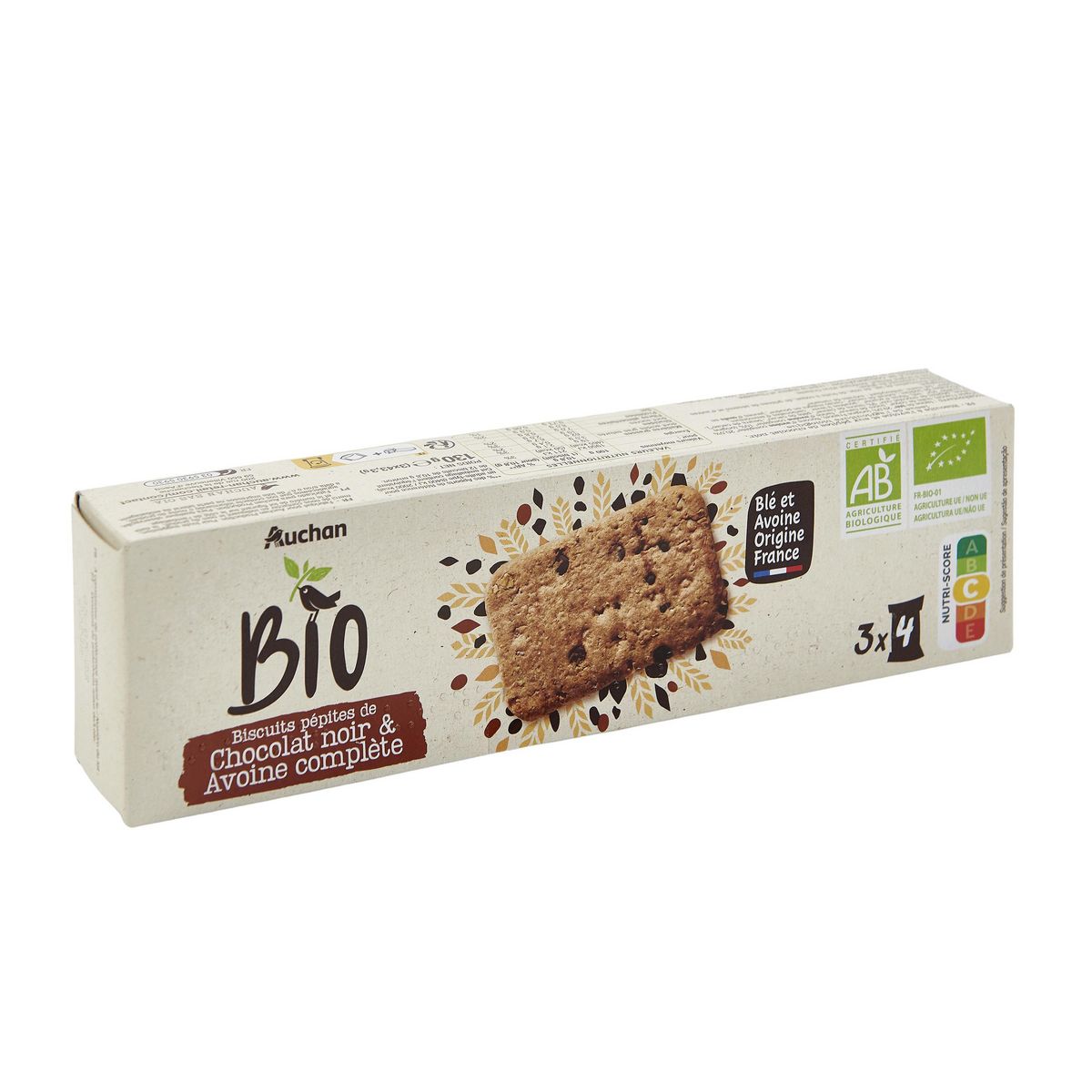 AUCHAN BIO Biscuits pépites de chocolat noir et avoine complète 3x4 sachets 130g