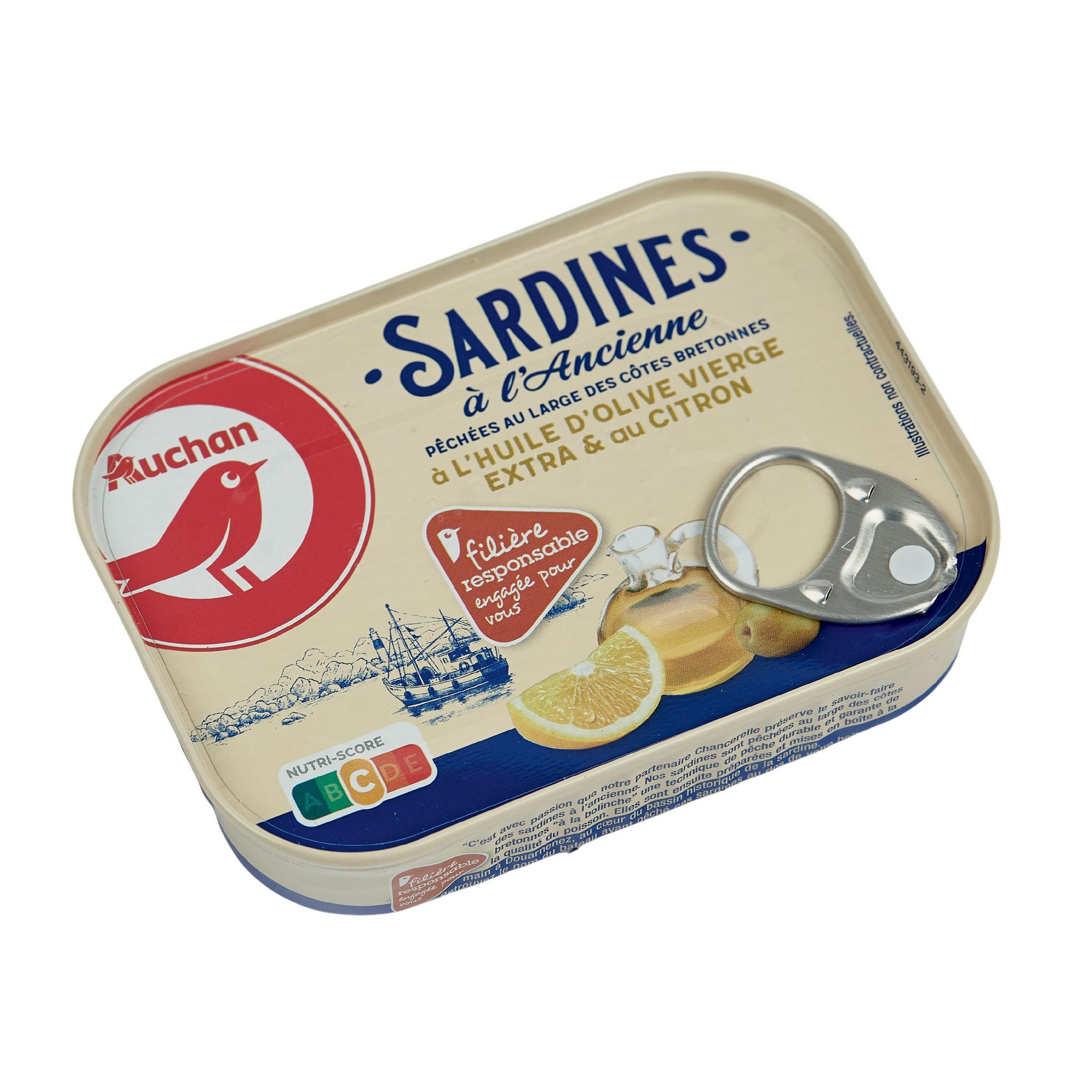 Voir la diapositive 2 : AUCHAN CULTIVONS LE BON sardines à l'ancienne à l'huile d'olive vierge extra & au citron 115g