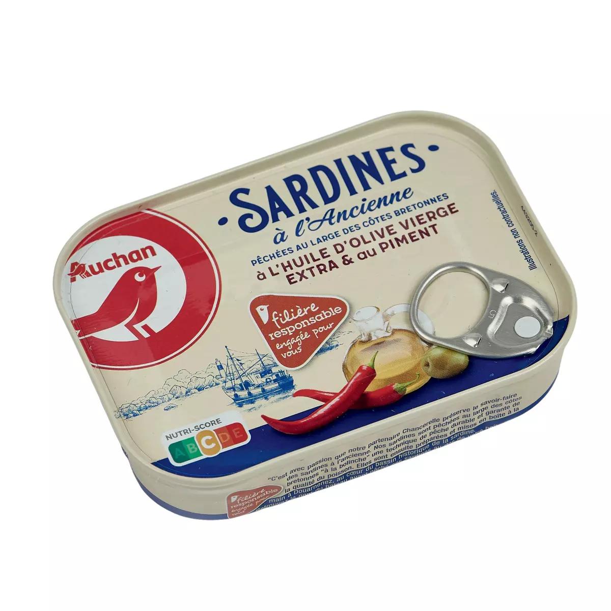 AUCHAN CULTIVONS LE BON sardines à l'ancienne à l'huile d'olive vierge extra & au piment 115g
