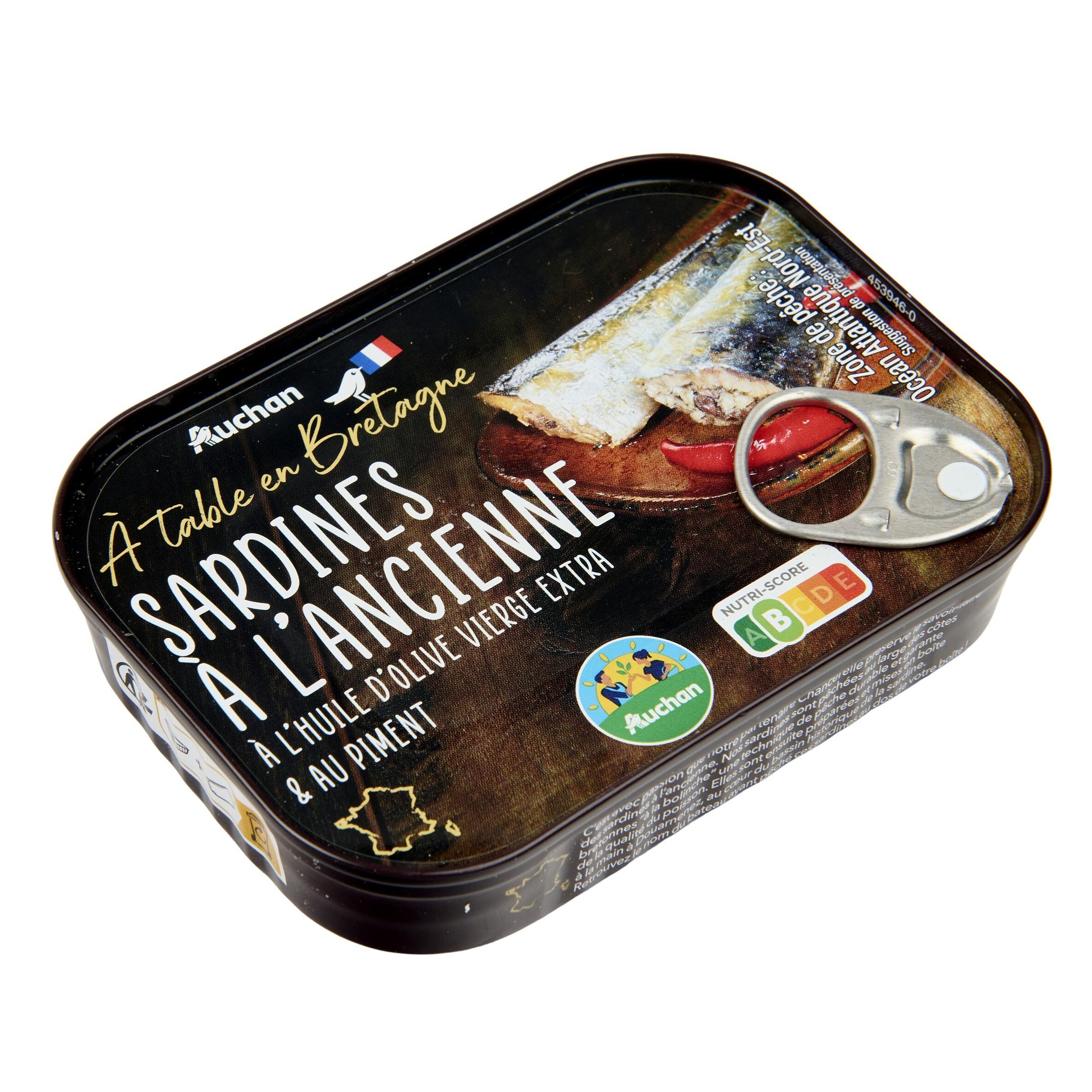 Voir la diapositive 2 : AUCHAN TERROIR CULTIVONS LE BON sardines à l'ancienne à l'huile d'olive vierge extra & au piment 115g