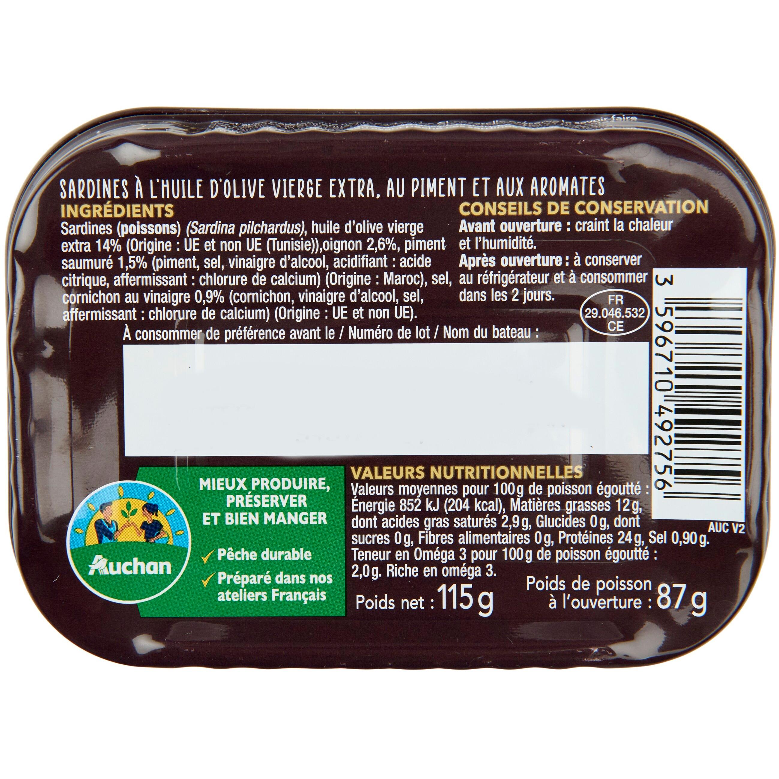 Voir la diapositive 3 : AUCHAN TERROIR CULTIVONS LE BON sardines à l'ancienne à l'huile d'olive vierge extra & au piment 115g