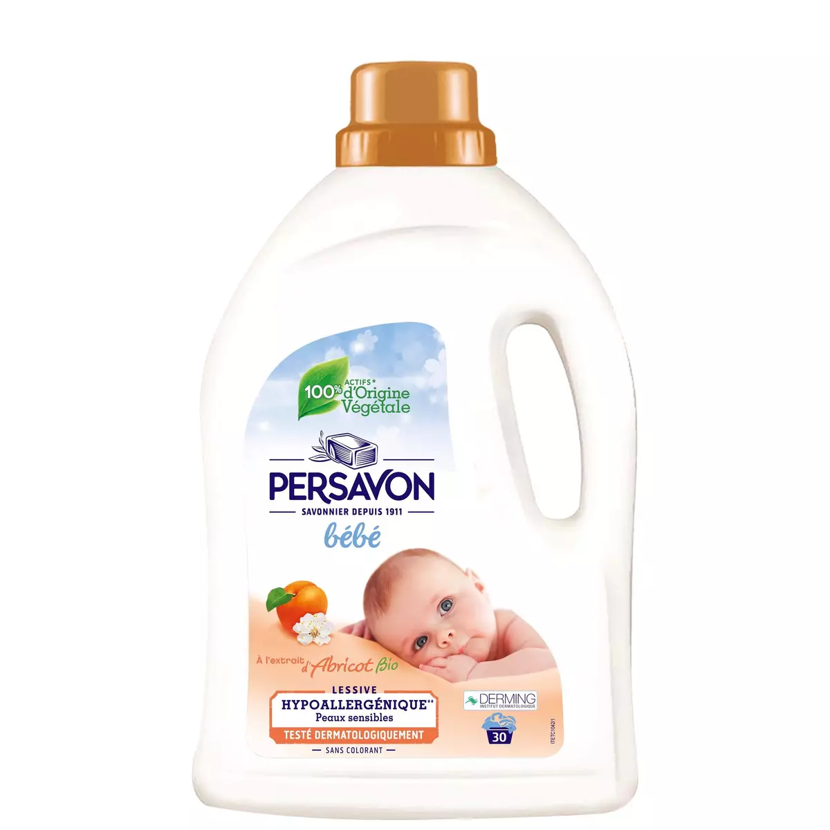 PERSAVON Lessive liquide bébé hypoallergénique peaux sensibles à l'extrait  d'abricot bio 30 lavages 1,5l pas cher 