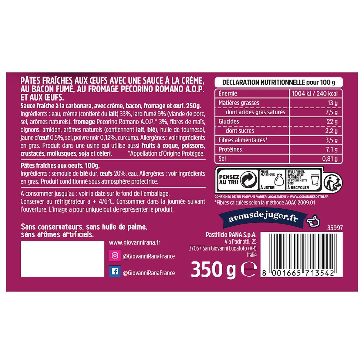 RANA Frais Minute Fusilli à la carbonara 1 portion 350g