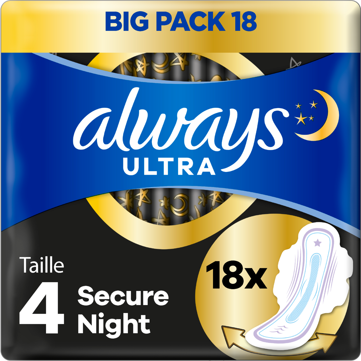 ALWAYS Ultra serviettes hygiéniques avec ailettes sécurité nuit taille 4 18 serviettes