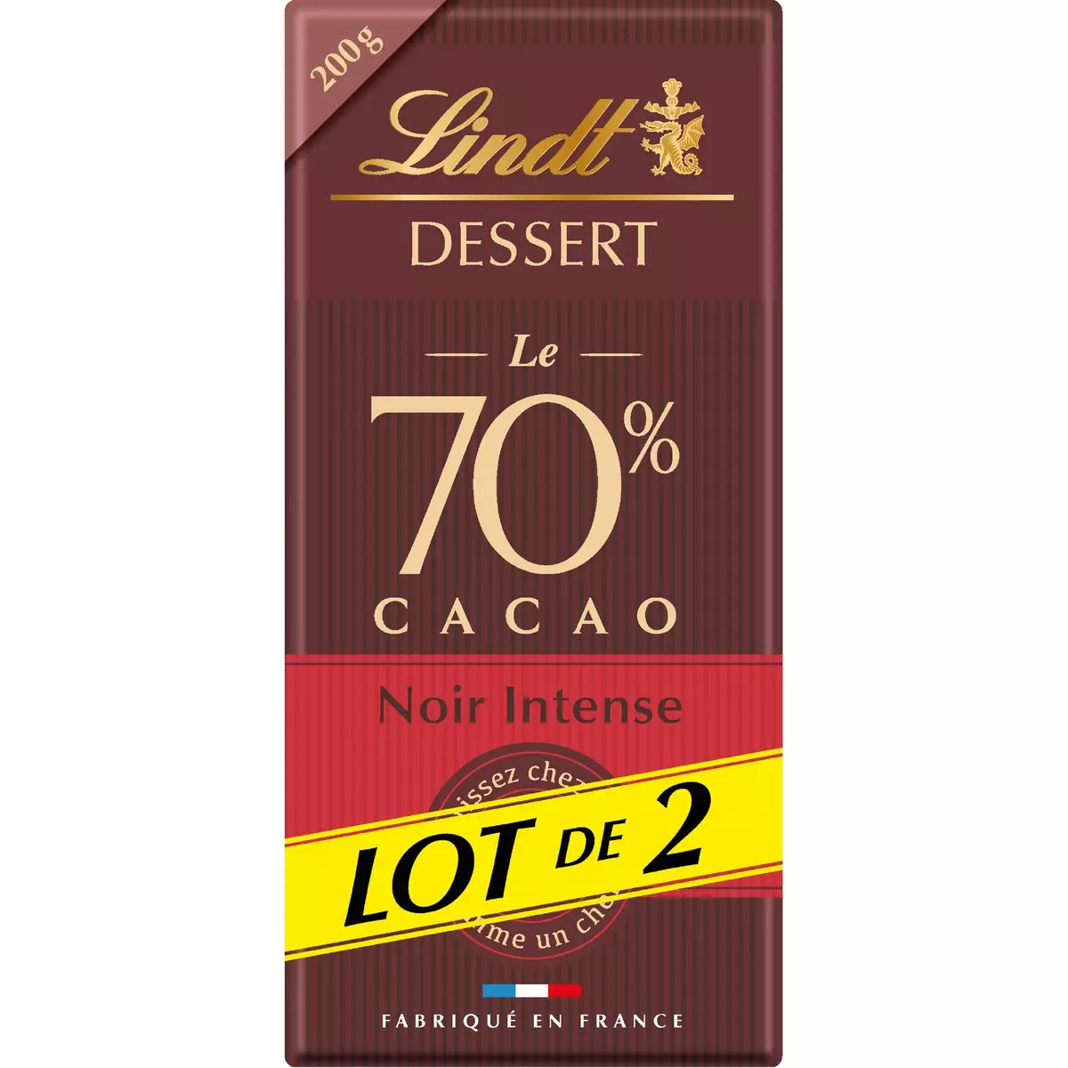 LINDT Dessert tablette de chocolat noir intense 70% cacao 2 pièces 2x100g