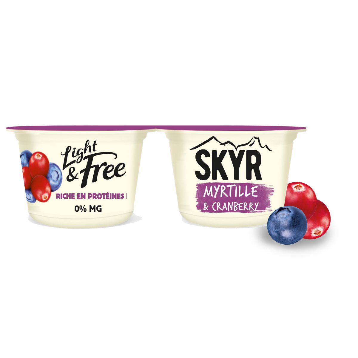 LIGHT&FREE Skyr allégé sur lit de myrtille et cranberry 0% MG 2x145g