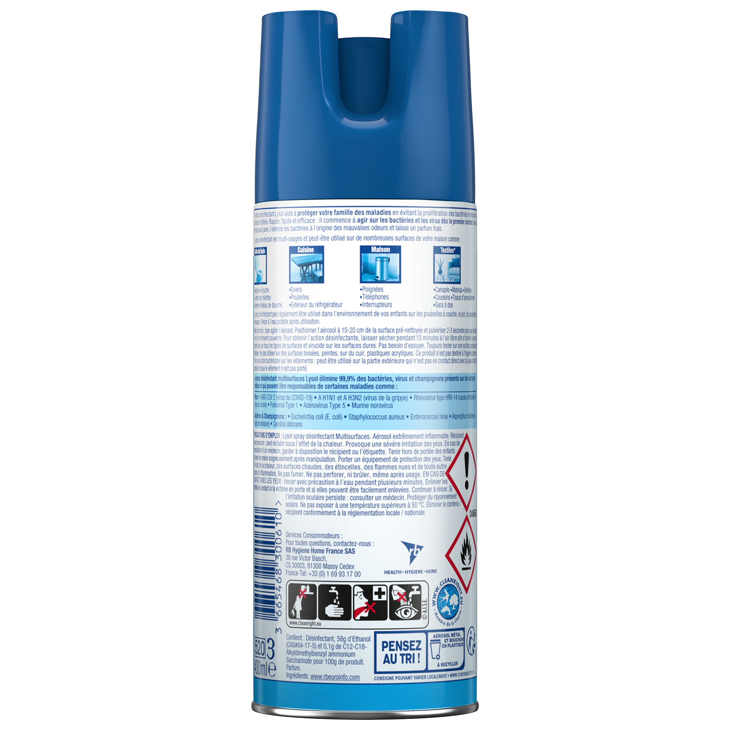 Voir la diapositive 2 : LYSOL Spray désinfectant multi-surfaces et linge parfum frais 400ml