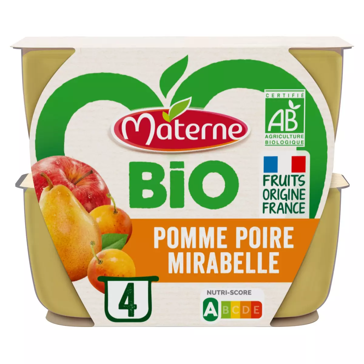 MATERNE Coupelles pomme poire mirabelle bio sans sucres ajoutés 4x100g