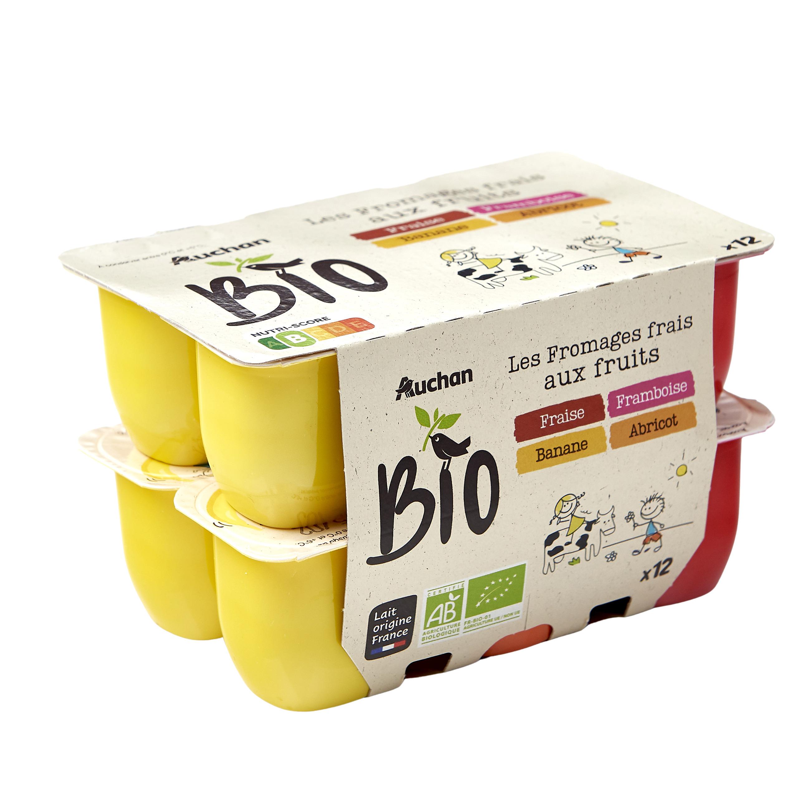 Voir la diapositive 2 : AUCHAN BIO Fromage frais aux fruits fraise framboise abricot banane 12x50g