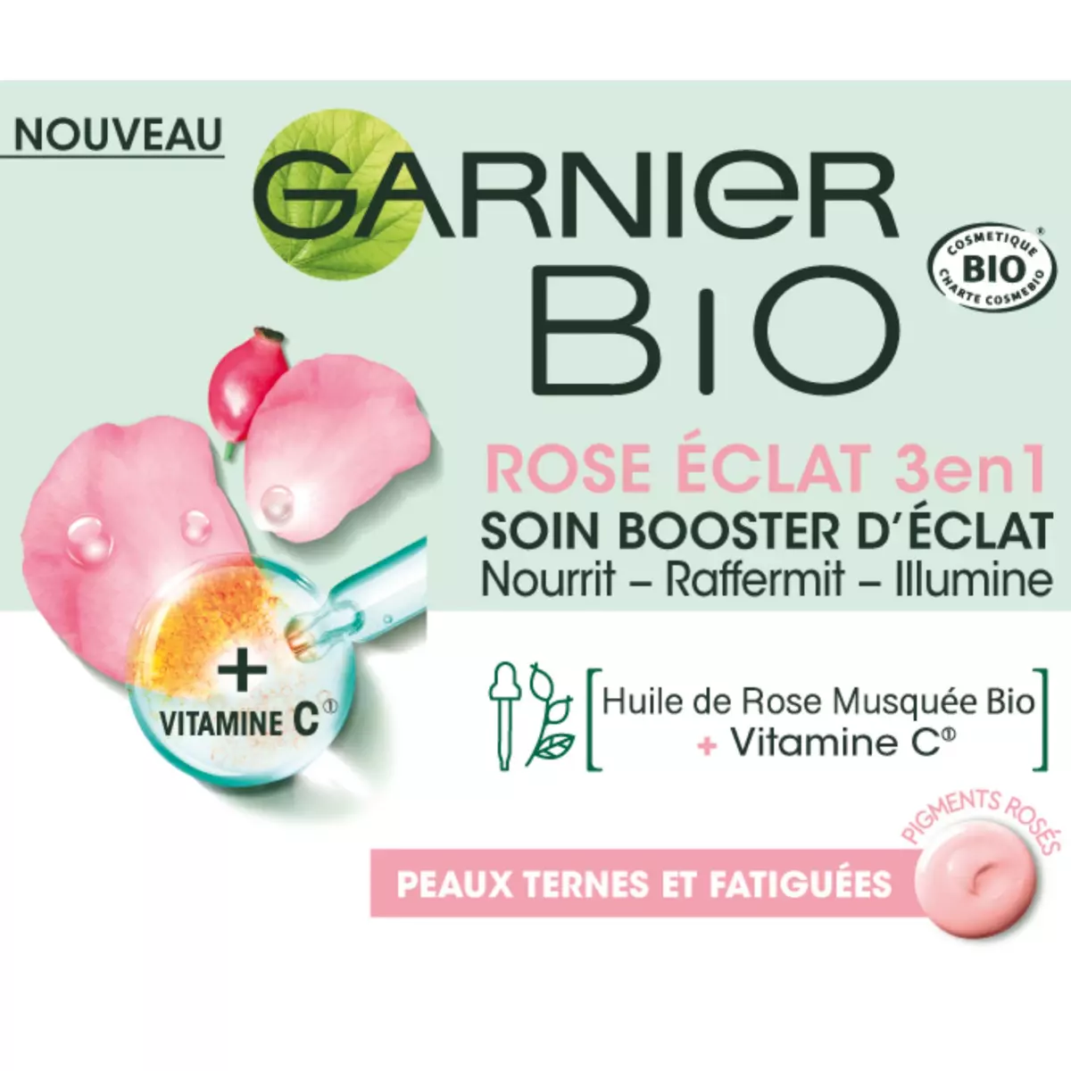 GARNIER BIO Soin booster d'éclat rose éclat 3en1 peaux ternes et fatiguées 40ml