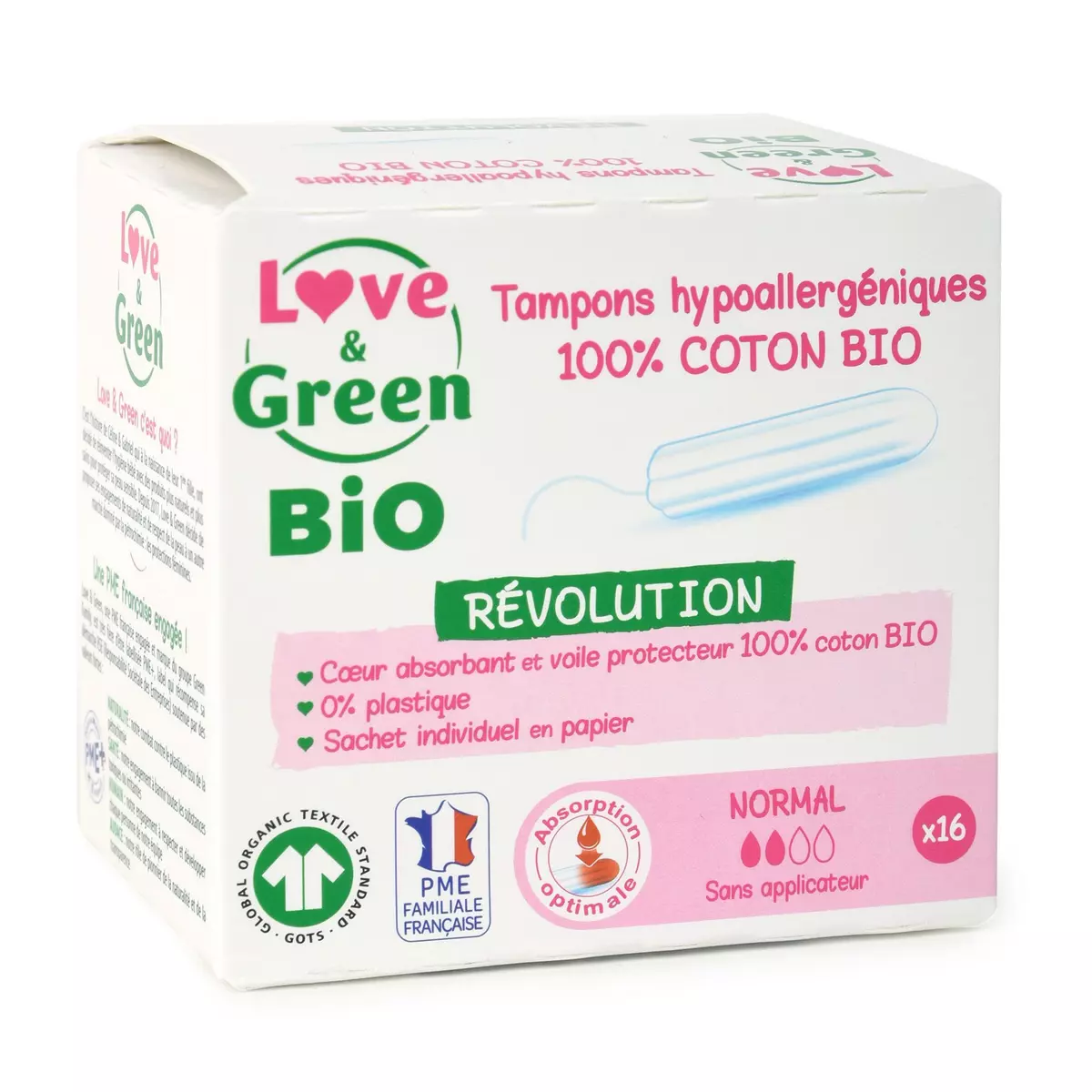 LOVE & GREEN Tampons hypoallergénique sans applicateur bio   16 tampons