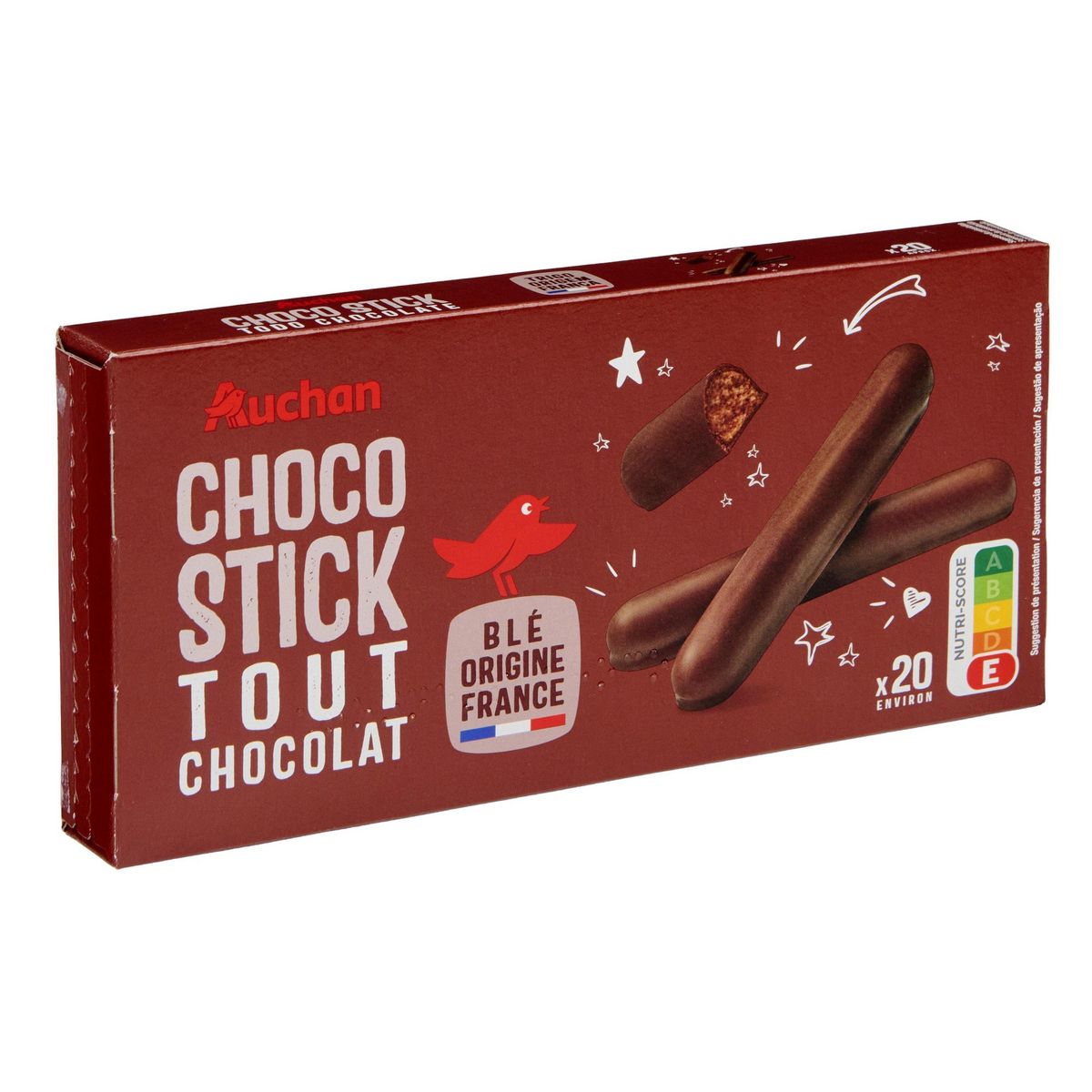 AUCHAN Bâtonnets gourmands biscuits tout chocolat environ 20 bâtonnets 150g