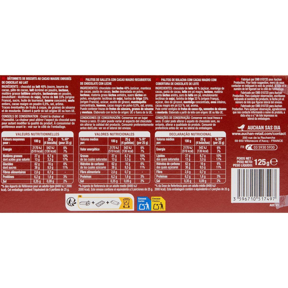 AUCHAN Bâtonnets gourmands biscuits tout chocolat environ 20 bâtonnets 150g