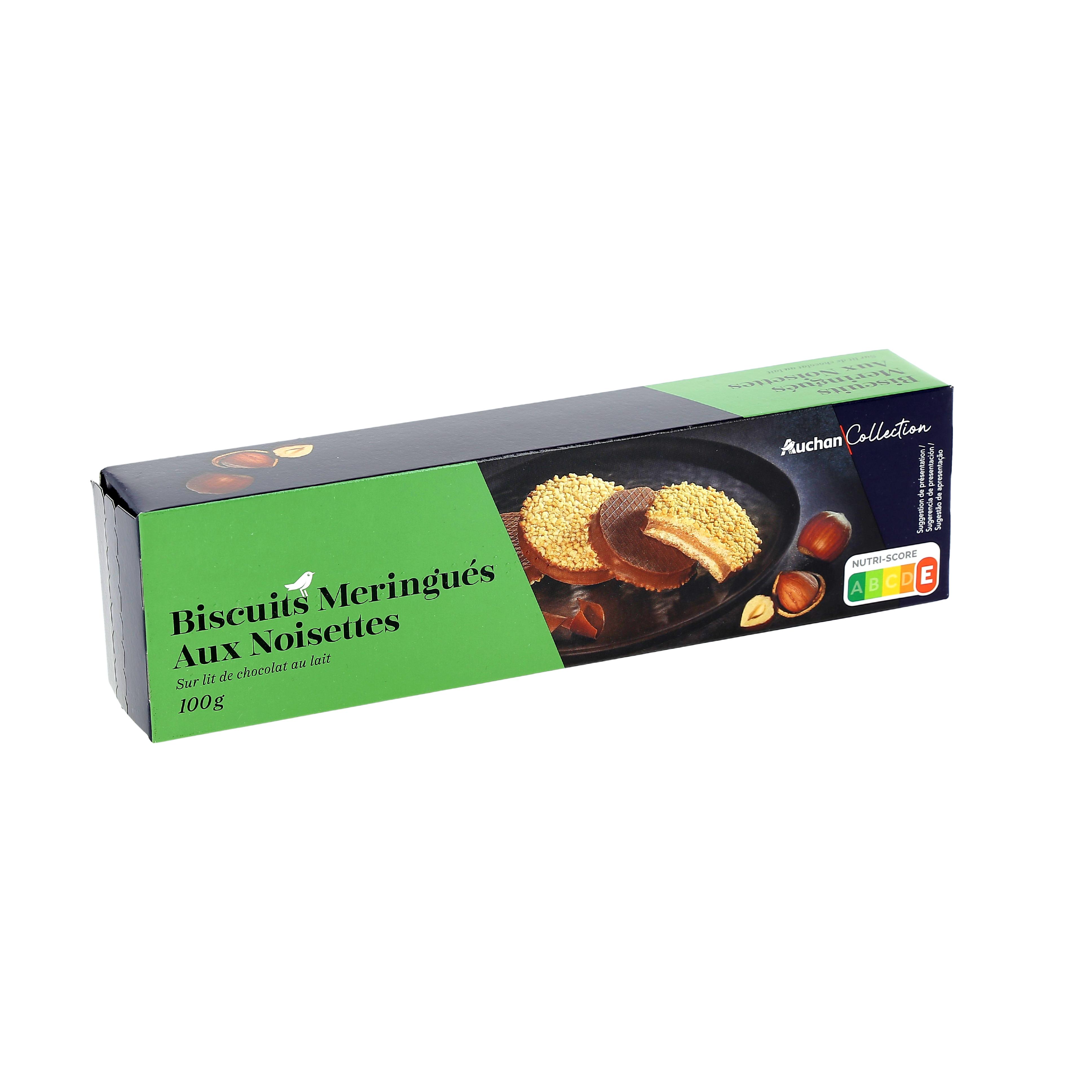 Voir la diapositive 2 : AUCHAN COLLECTION Biscuits meringués aux noisettes sur lit de chocolat au lait 100g
