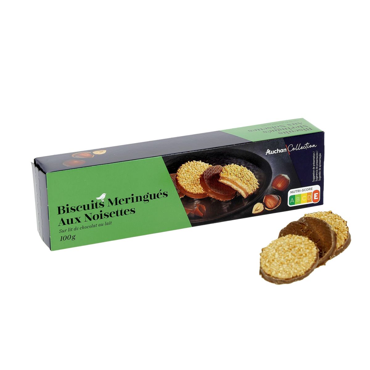 AUCHAN COLLECTION Biscuits meringués aux noisettes sur lit de chocolat au lait 100g