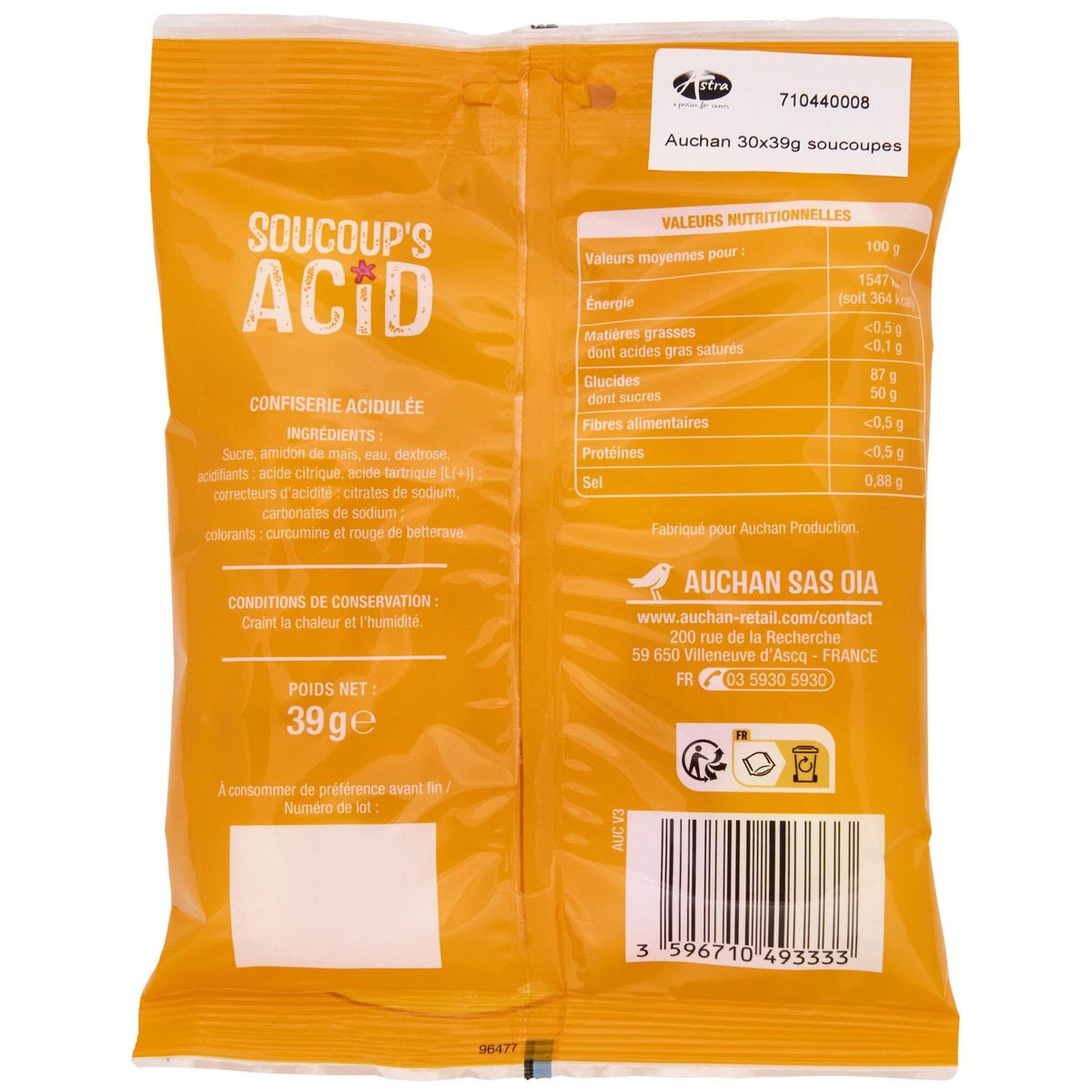 AUCHAN Bonbons soucoup's acid environ 30 bonbons 39g