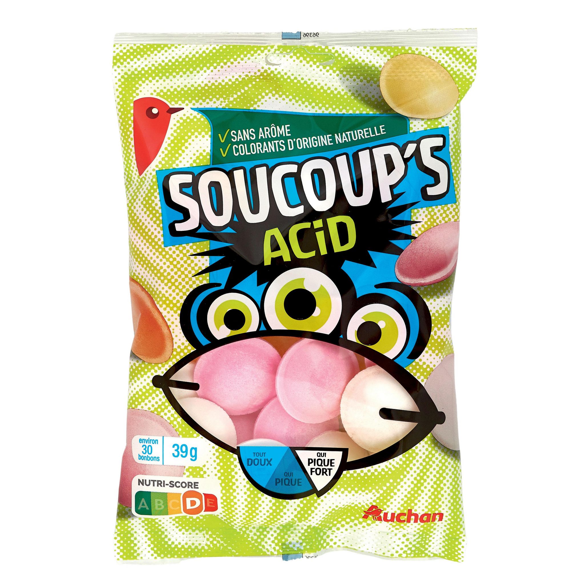 Voir la diapositive 3 : AUCHAN Bonbons soucoup's acid environ 30 bonbons 39g