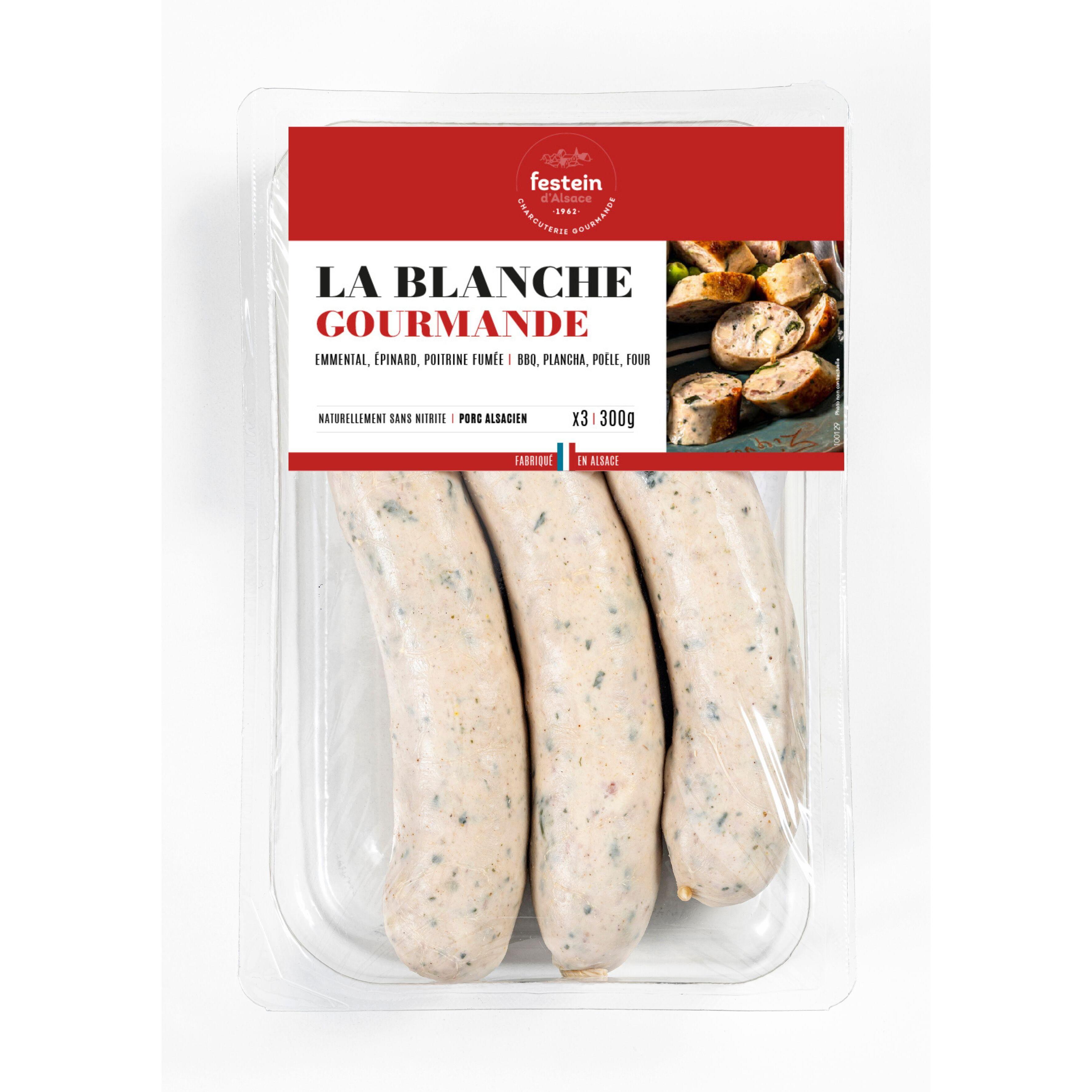 FESTEIN D'ALSACE La Blanche Gourmande Saucisse épinards poitrine fumée emmental 3 pièces 300g