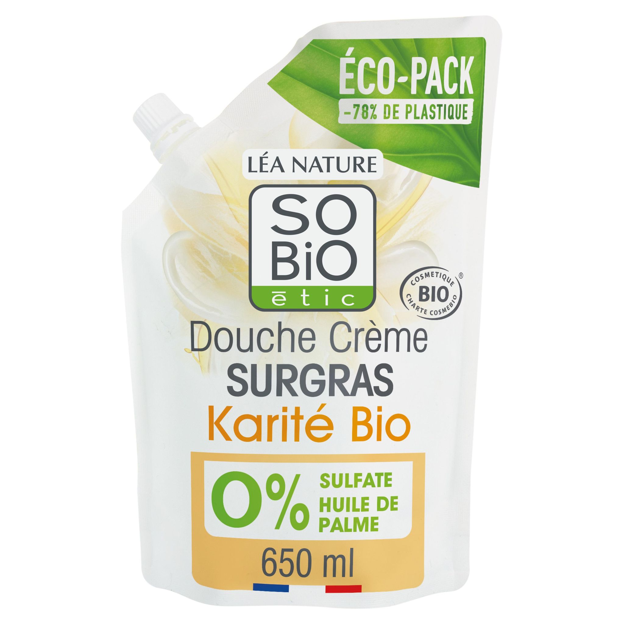 Voir la diapositive 2 : SO BIO ETIC Recharge douche crème surgras au beurre de karité bio peaux sèches et sensibles 650ml