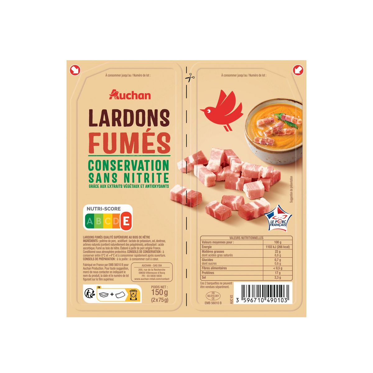 AUCHAN Lardons fumés sans nitrite 2x75g
