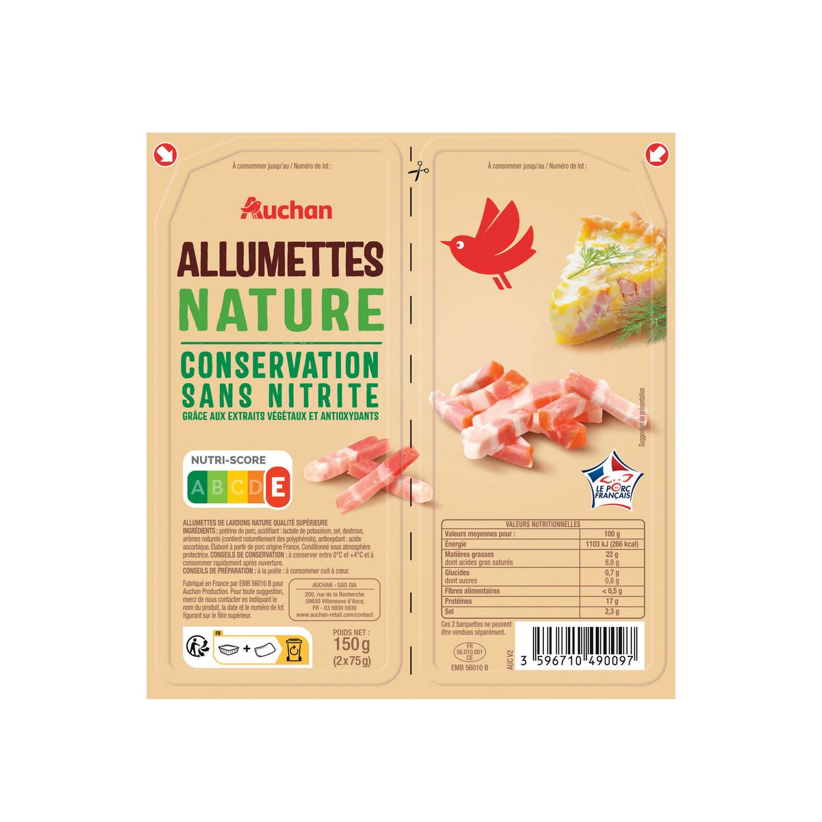 AUCHAN Allumettes nature sans nitrite 2x75g