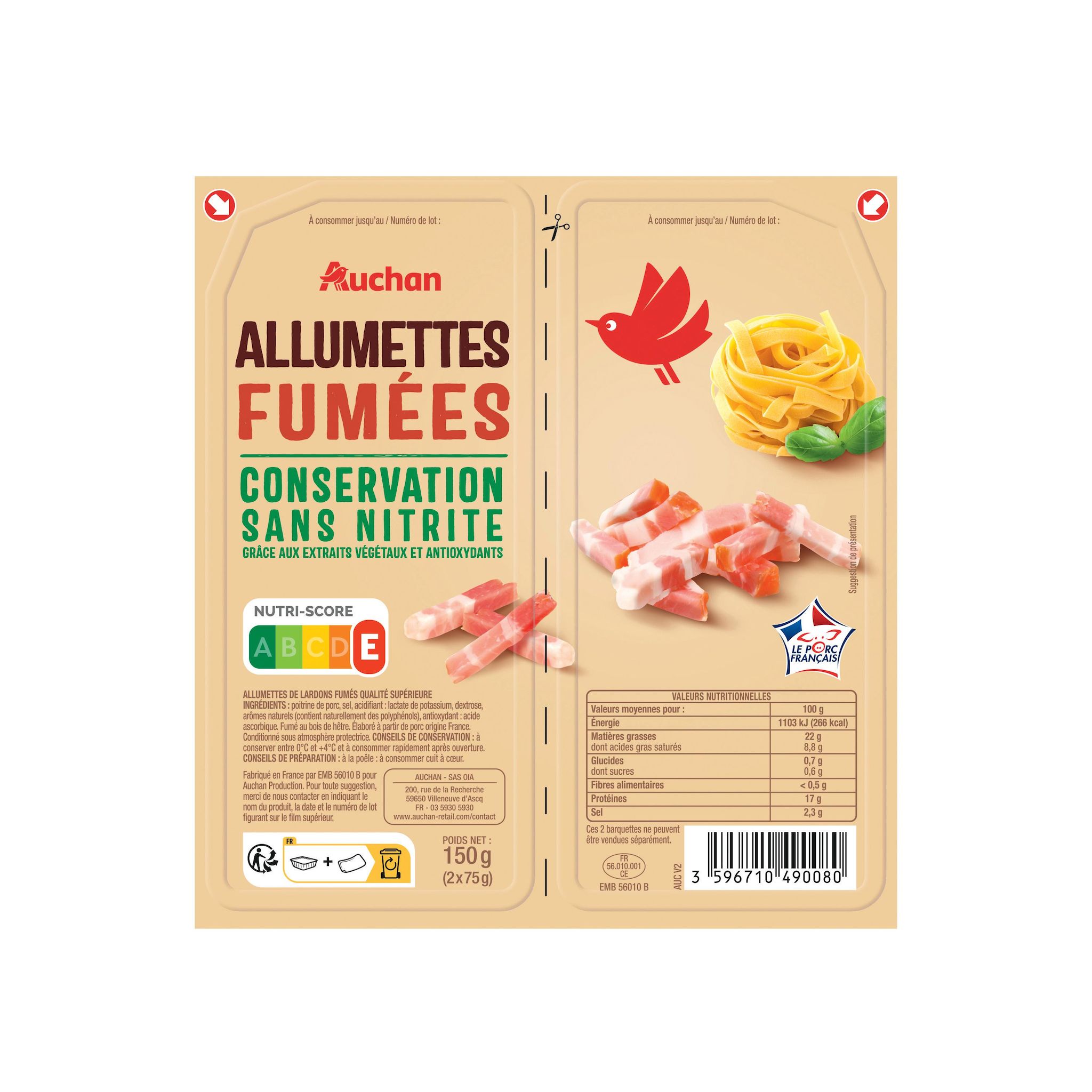 Voir la diapositive 2 : AUCHAN Allumettes fumées sans nitrite 2x75g
