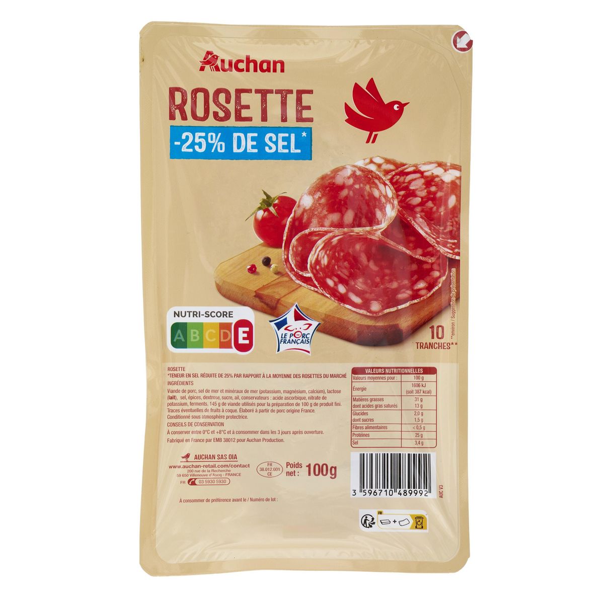 AUCHAN Rosette réduit en sel 10 tranches 100g