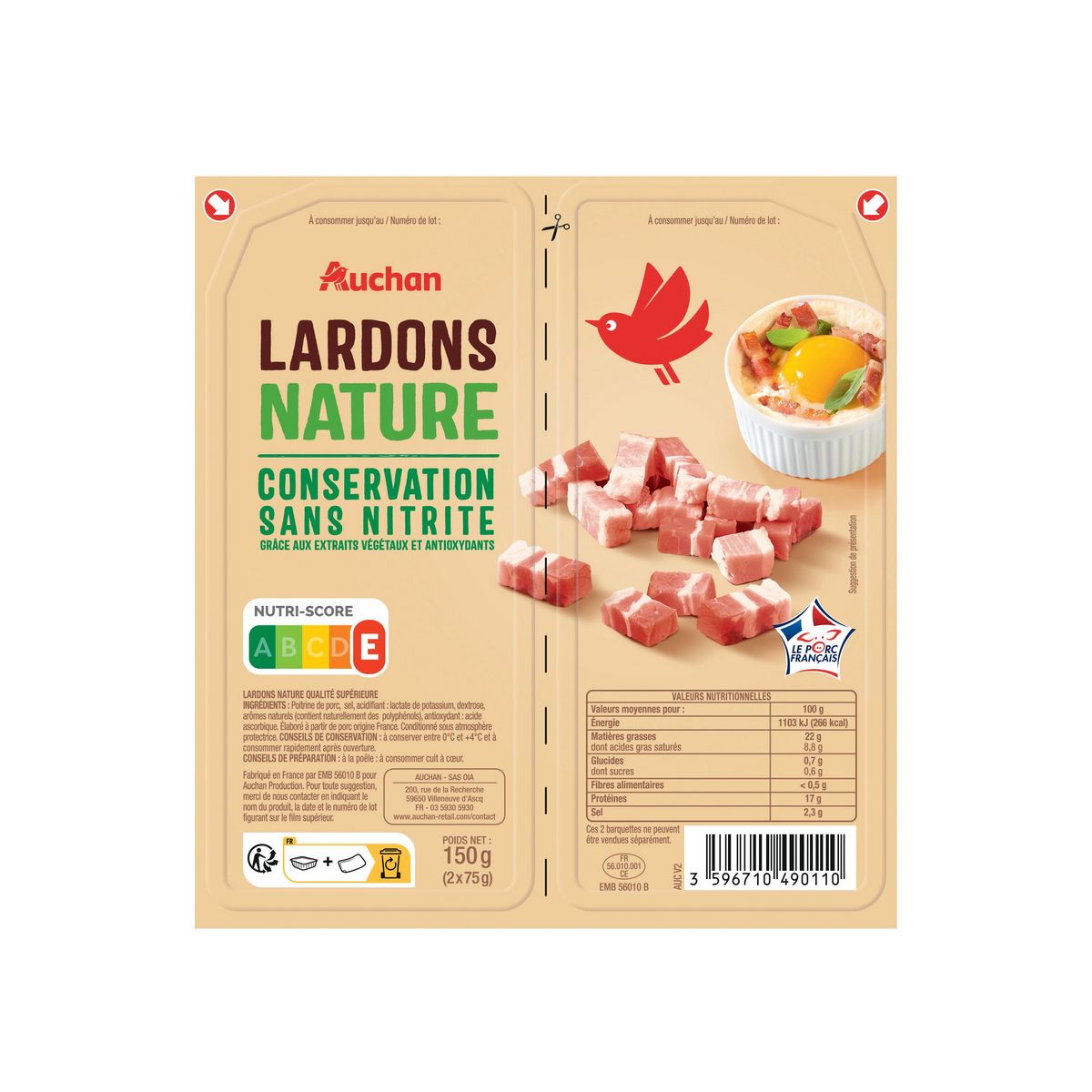 AUCHAN Lardons natures sans nitrite 2x75g