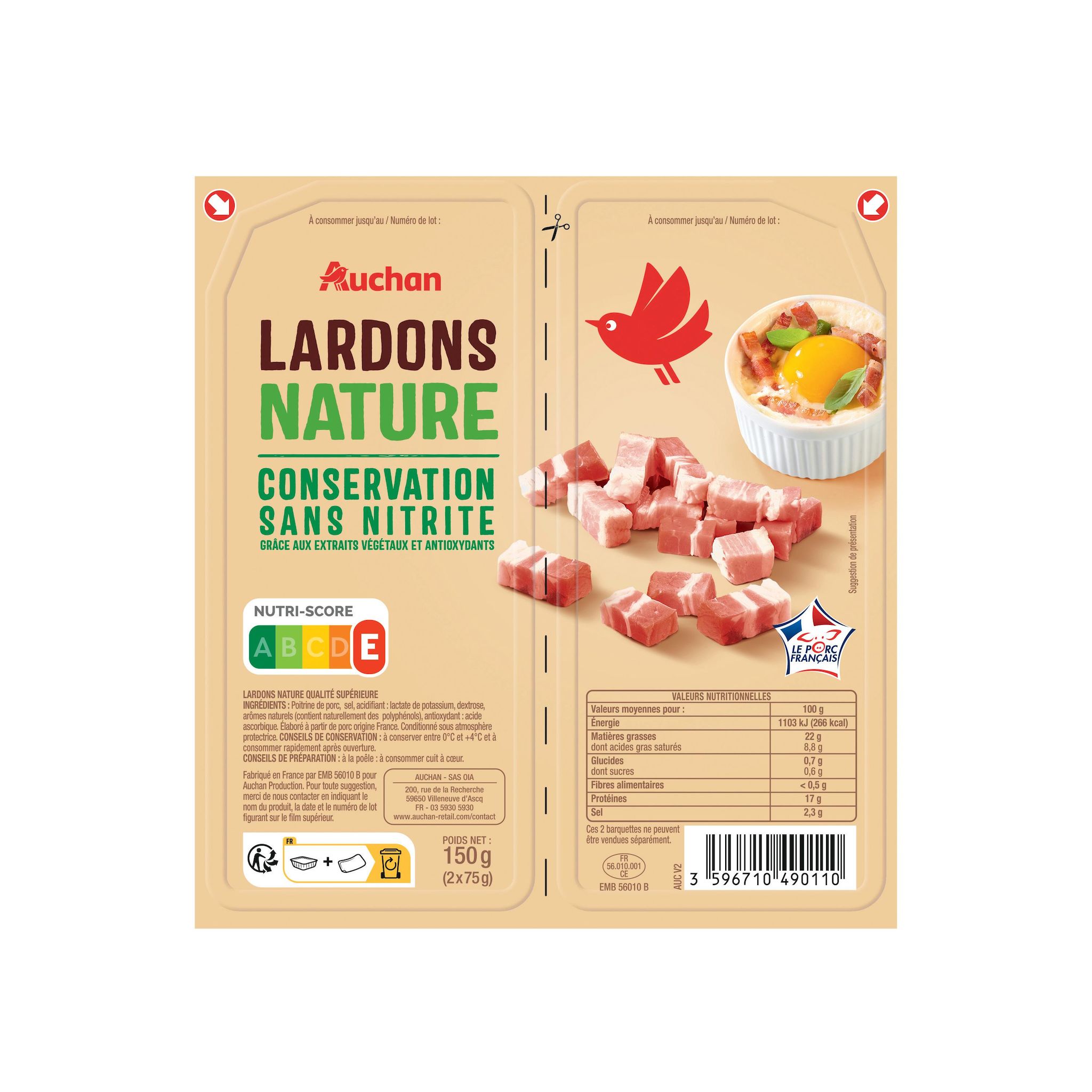 Voir la diapositive 2 : AUCHAN Lardons natures sans nitrite 2x75g