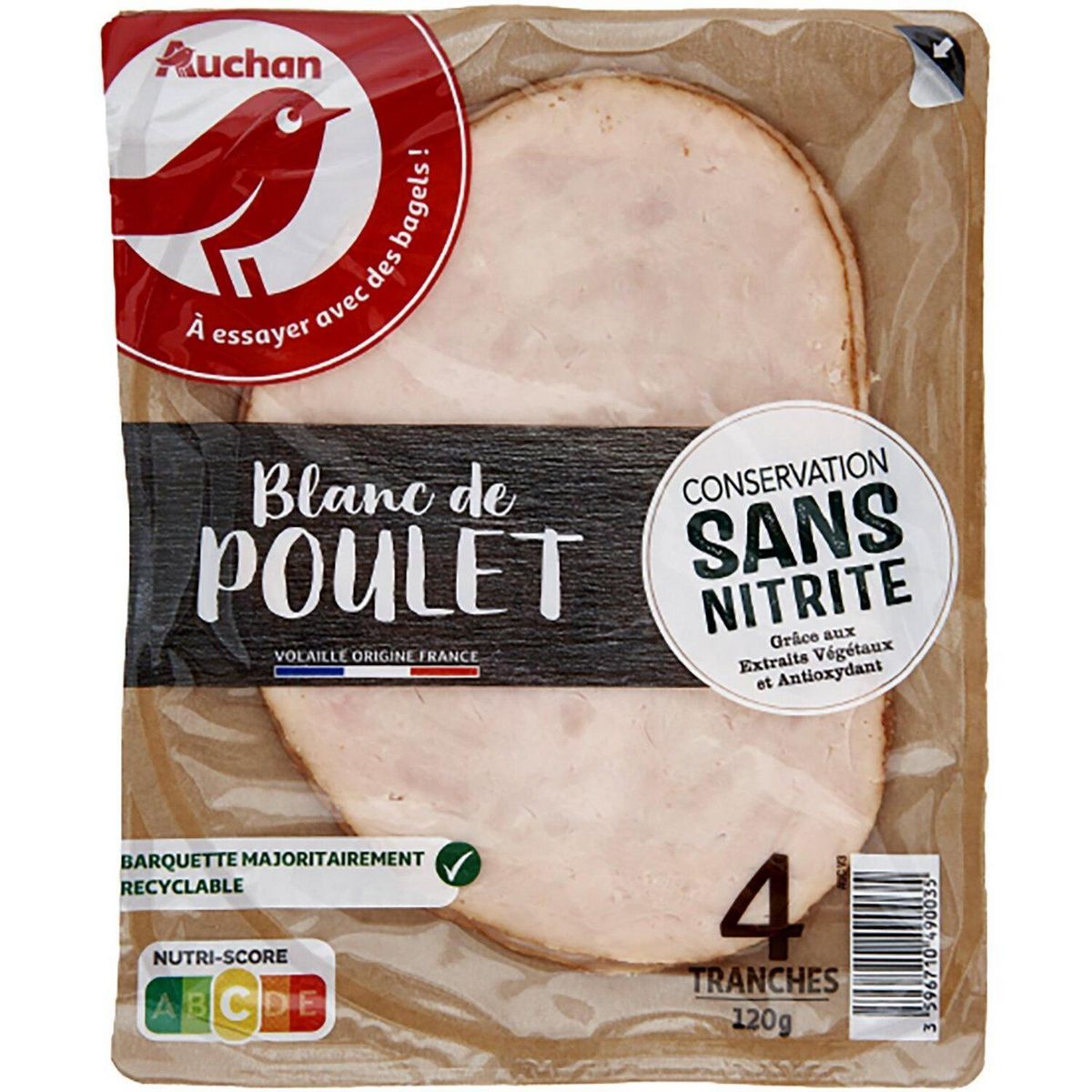 AUCHAN Blanc de poulet doré au four sans nitrite 4 tranches 120g