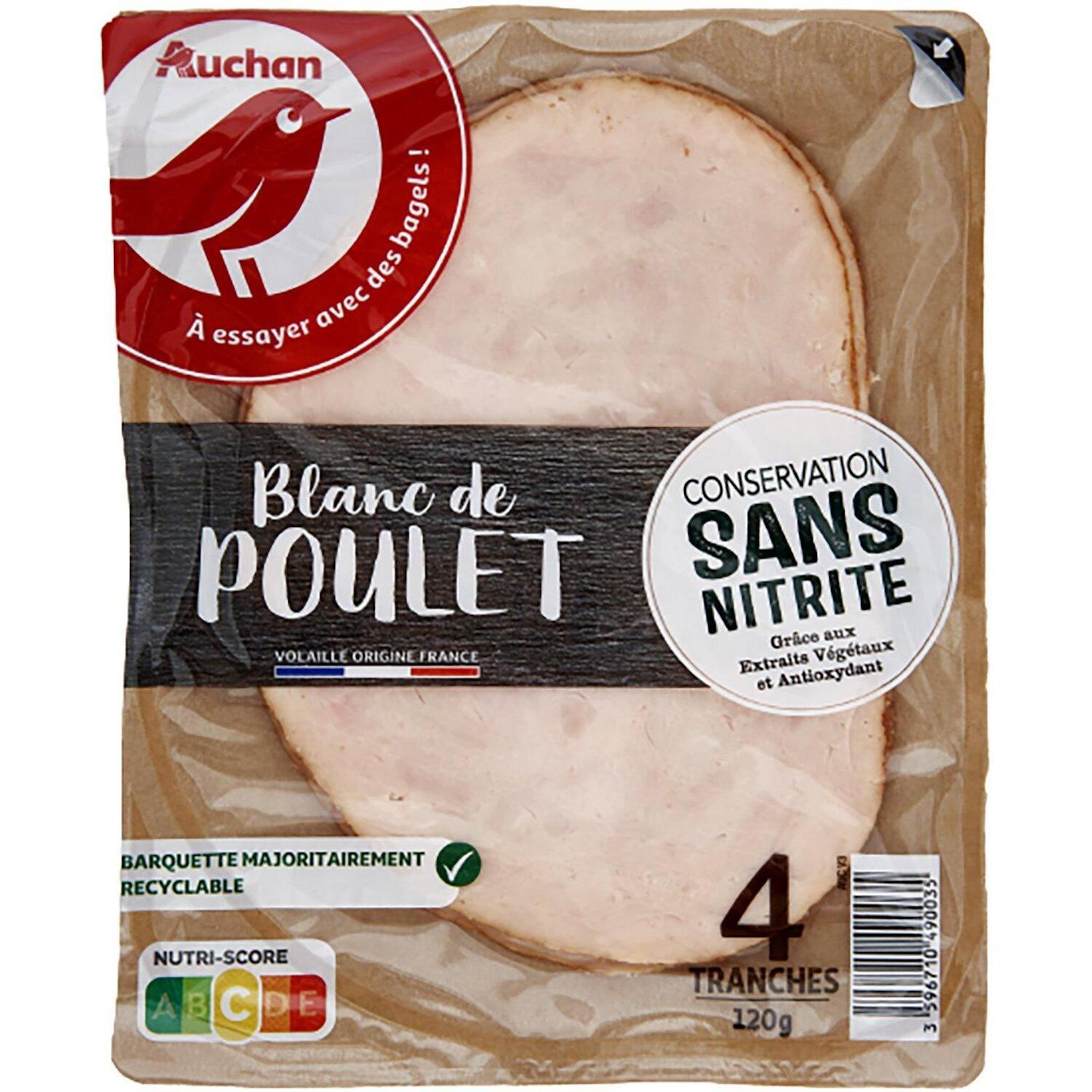 Voir la diapositive 2 : AUCHAN Blanc de poulet doré au four sans nitrite 4 tranches 120g