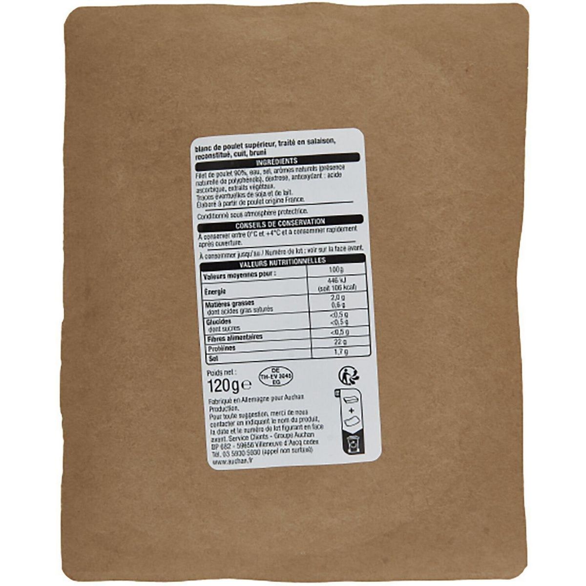 AUCHAN Blanc de poulet doré au four sans nitrite 4 tranches 120g