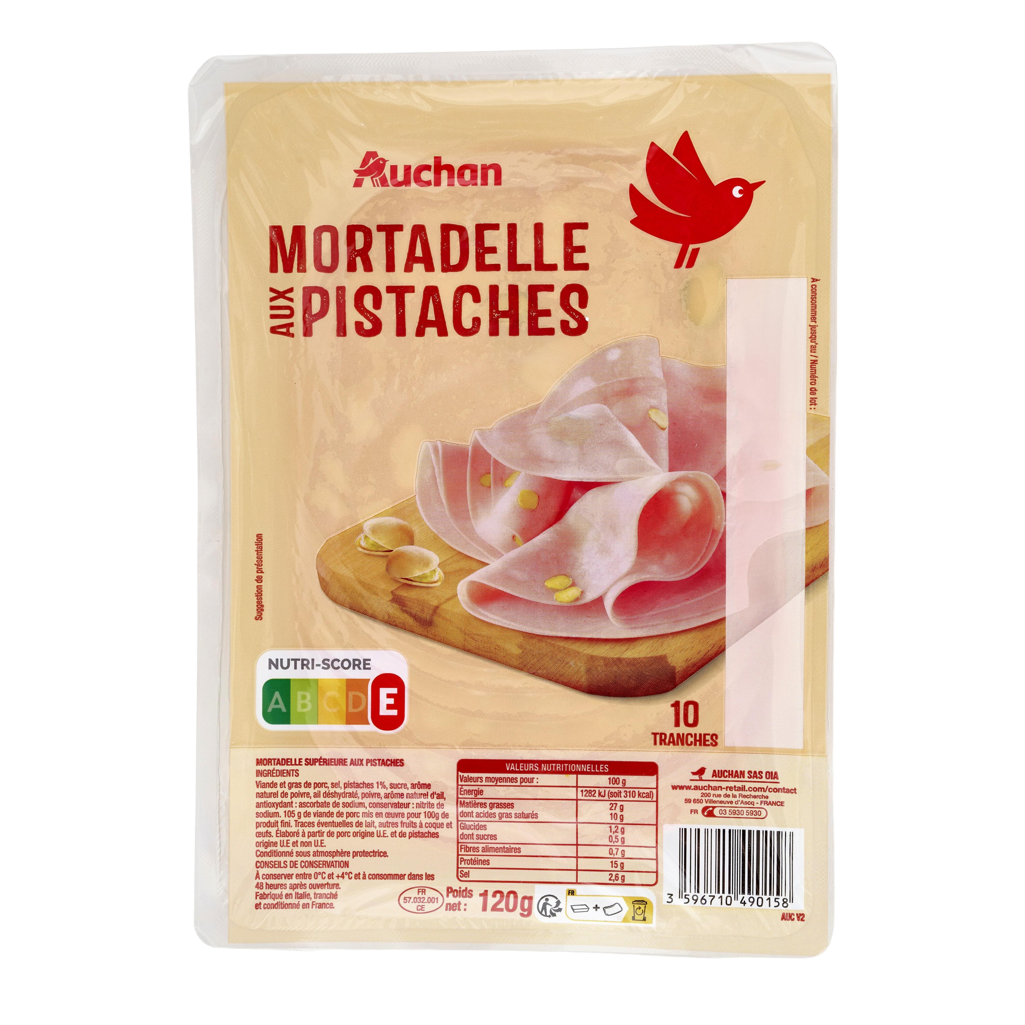 Voir la diapositive 2 : AUCHAN Mortadelle à la pistache 10 tranches 120g