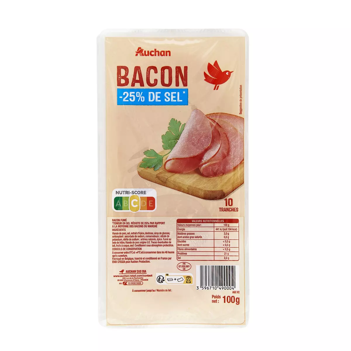 AUCHAN Bacon réduit en sel 10 tranches 100g