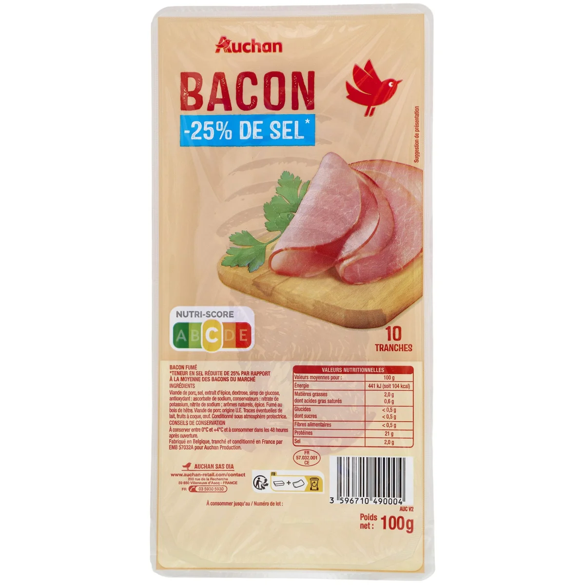 AUCHAN Bacon réduit en sel 10 tranches 100g pas cher Auchan.fr