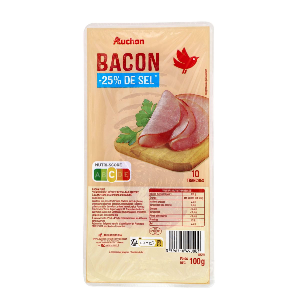 AUCHAN Bacon réduit en sel 10 tranches 100g