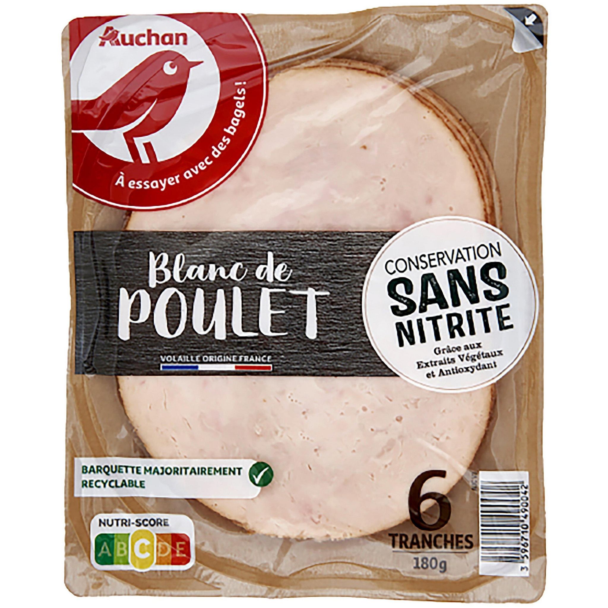 Voir la diapositive 2 : AUCHAN Blanc de poulet doré au four sans nitrite 6 tranches 180g