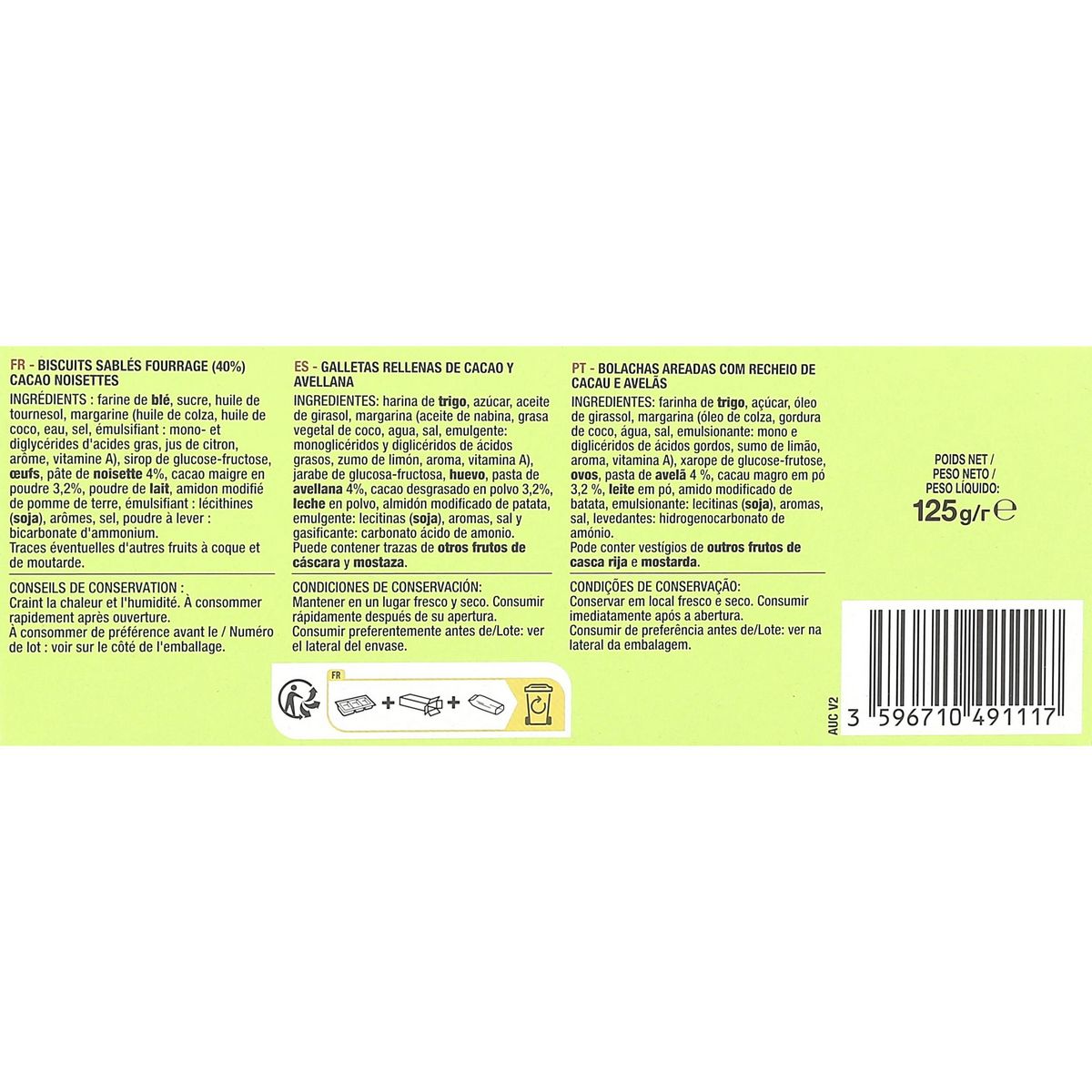 AUCHAN Sablés fourrés cacao noisettes 9 biscuits 125g