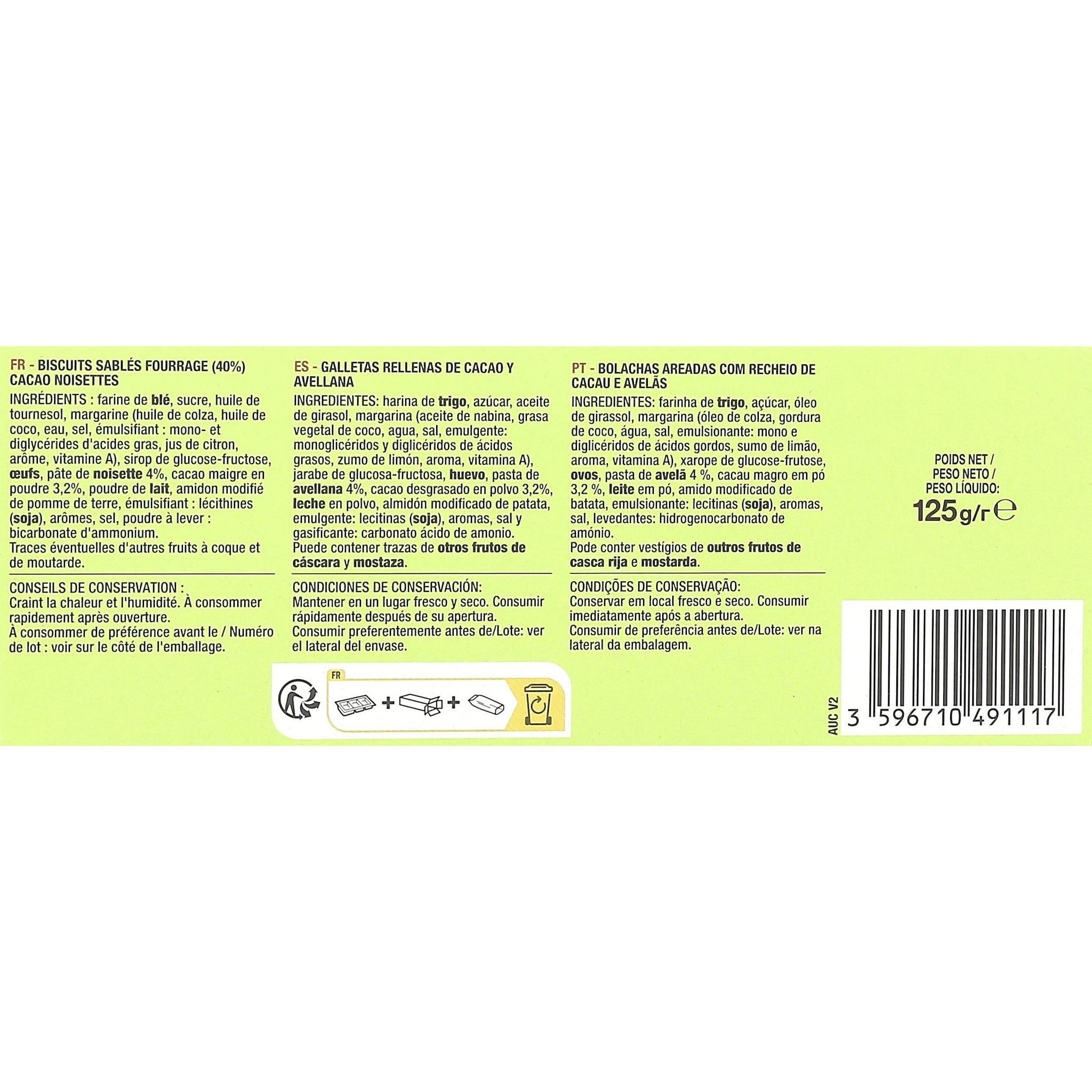 Voir la diapositive 2 : AUCHAN Sablés fourrés cacao noisettes 9 biscuits 125g