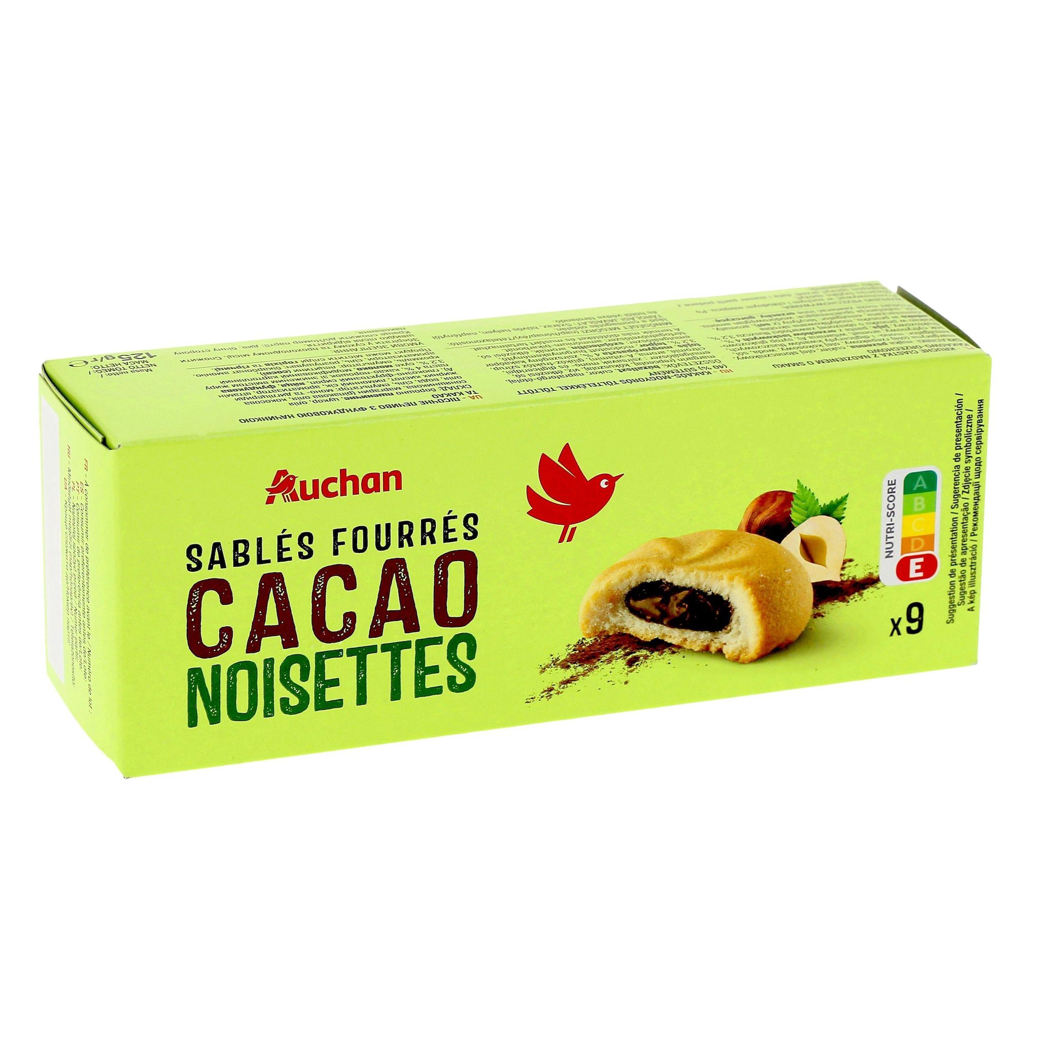 Voir la diapositive 3 : AUCHAN Sablés fourrés cacao noisettes 9 biscuits 125g