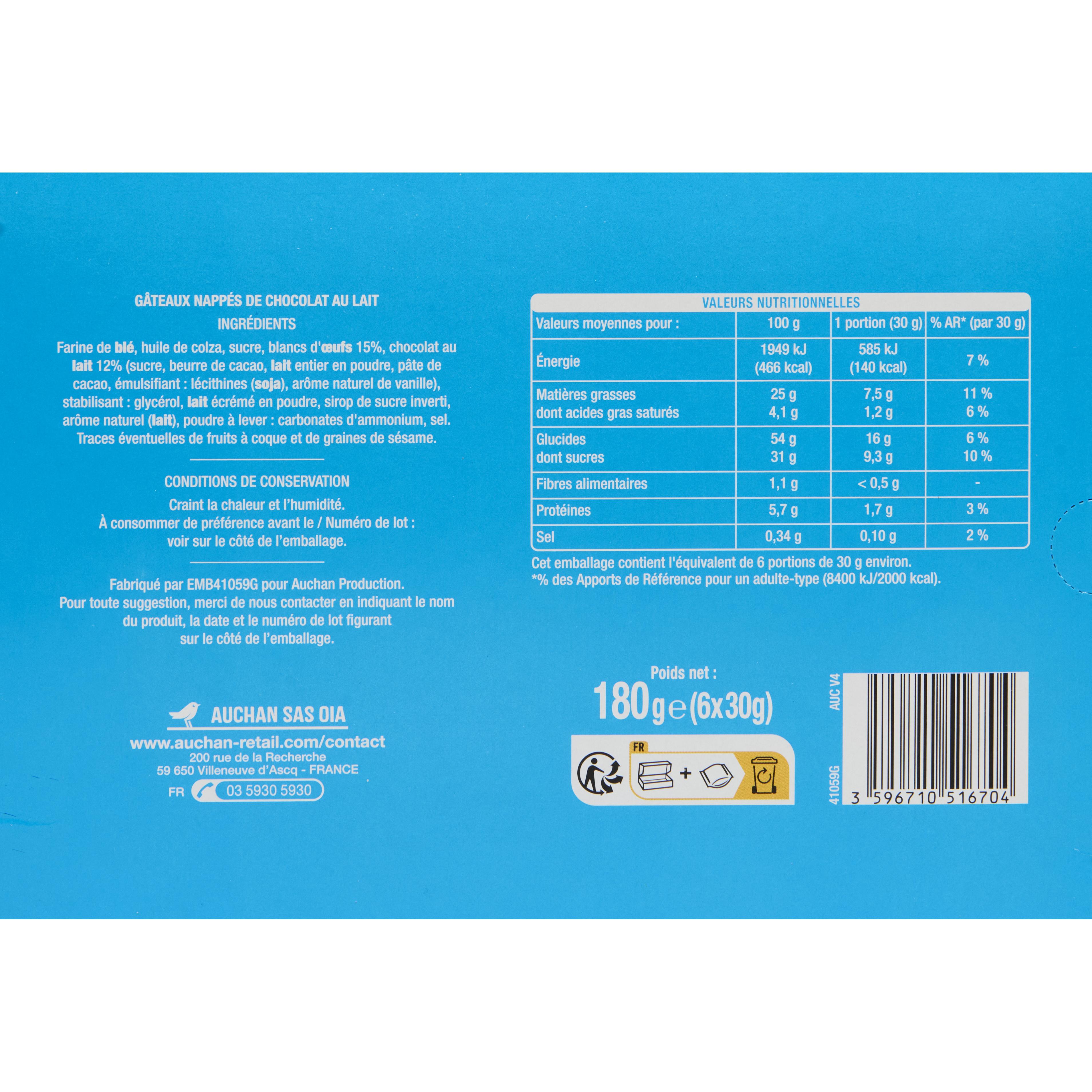 Voir la diapositive 3 : AUCHAN Goûter donuts nappés chocolat 6 gâteaux 180g