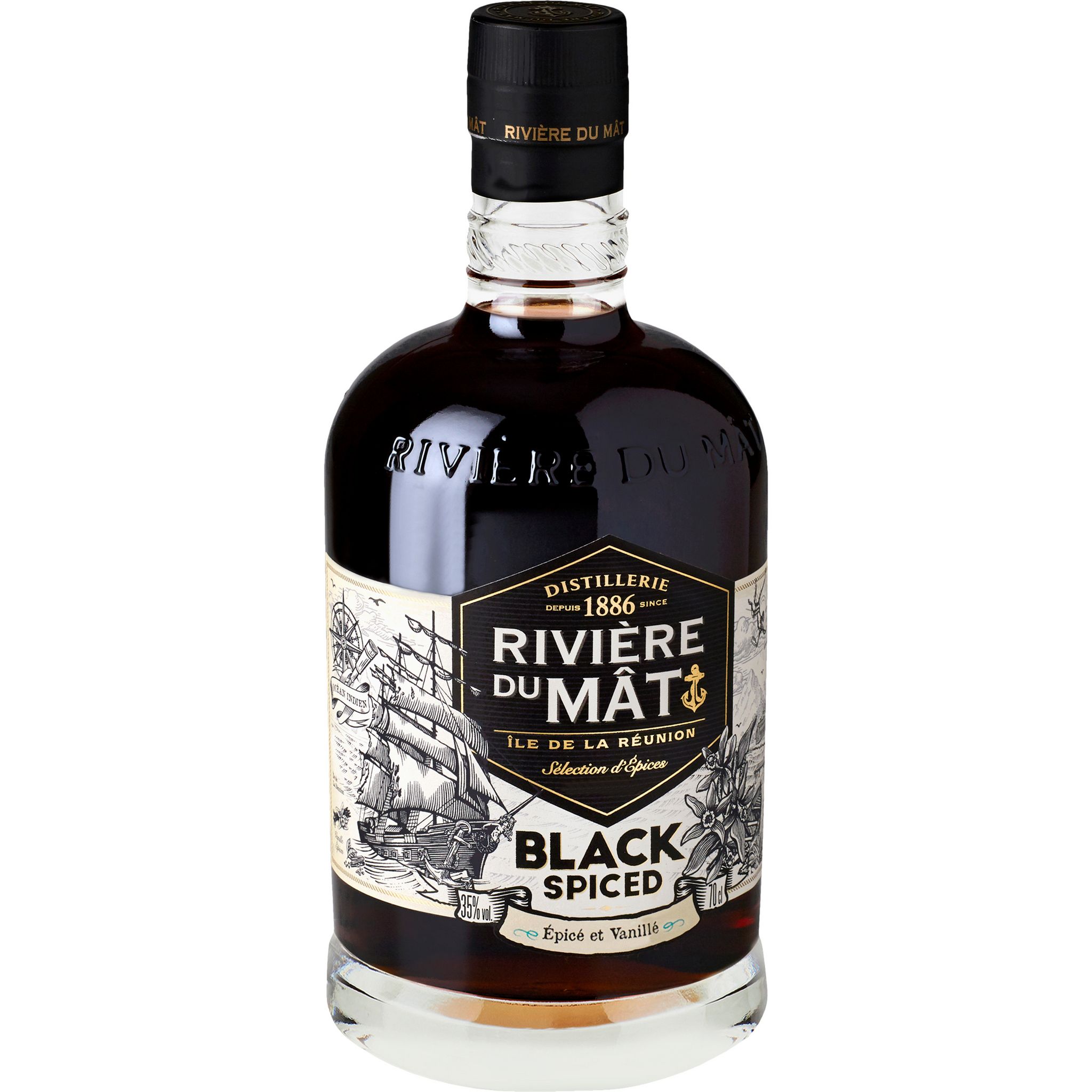 Voir la diapositive 2 : RIVIÈRE DU MAT Boisson à base de rhum Black spiced 35% 70cl