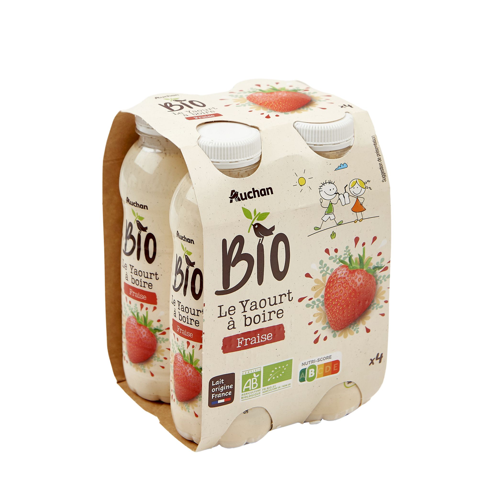 Voir la diapositive 1 : AUCHAN BIO Yaourt à boire à la fraise 4x180g