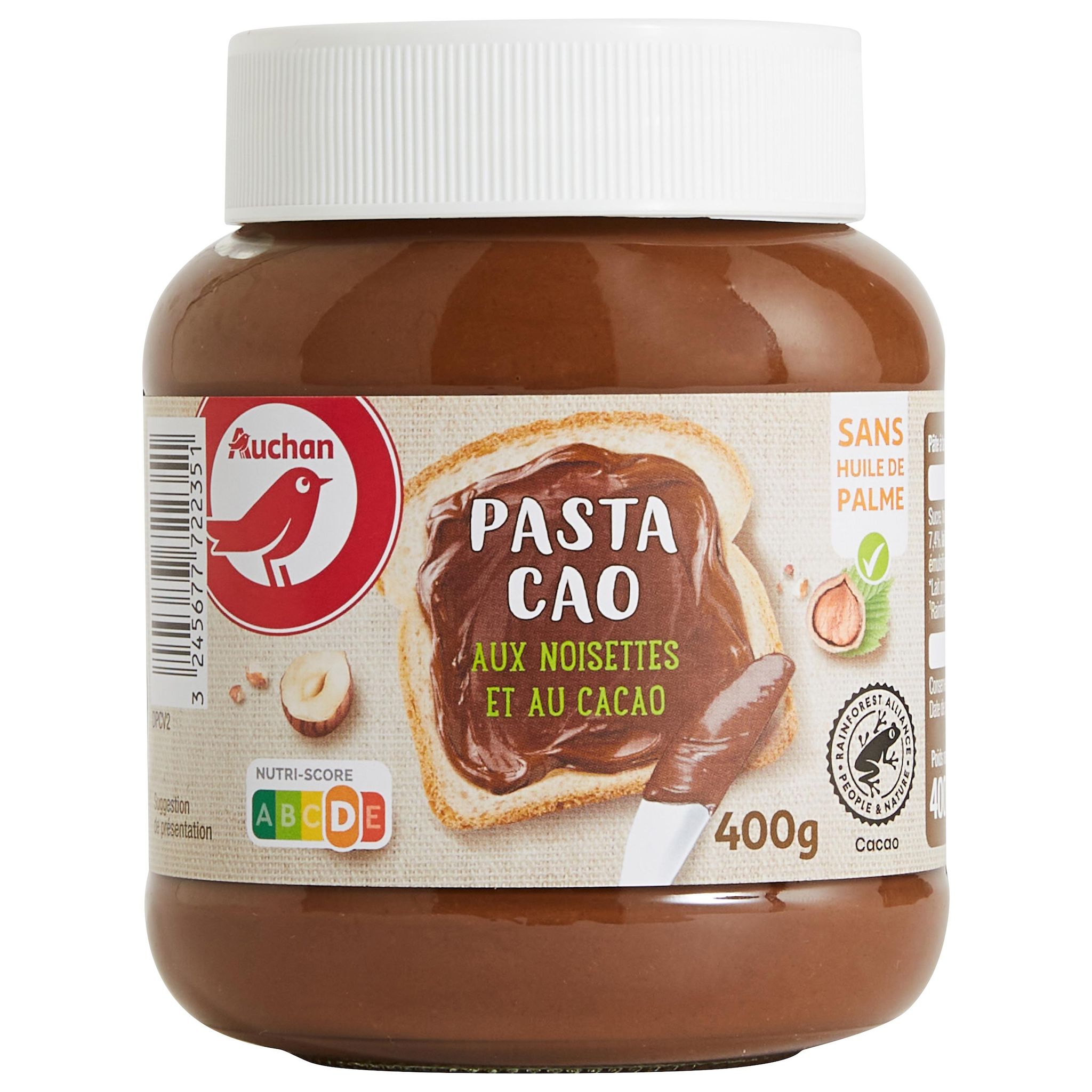 Voir la diapositive 2 : AUCHAN Pasta cao Pâte à tartiner cacao et noisettes sans huile de palme 400g