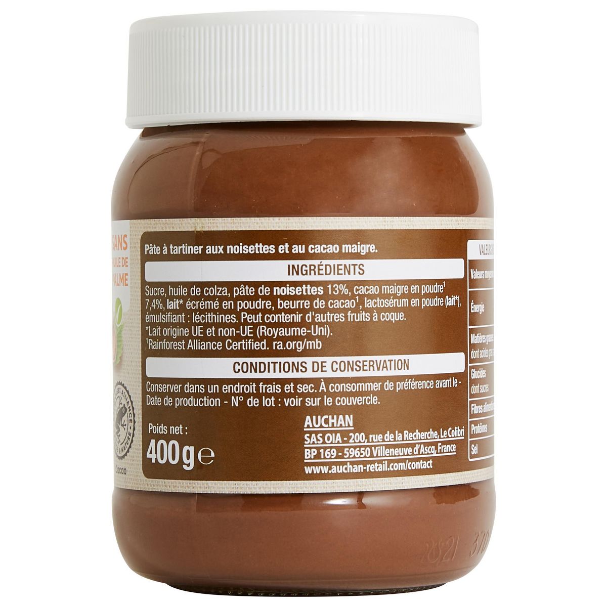 AUCHAN Pasta cao Pâte à tartiner cacao et noisettes sans huile de palme 400g