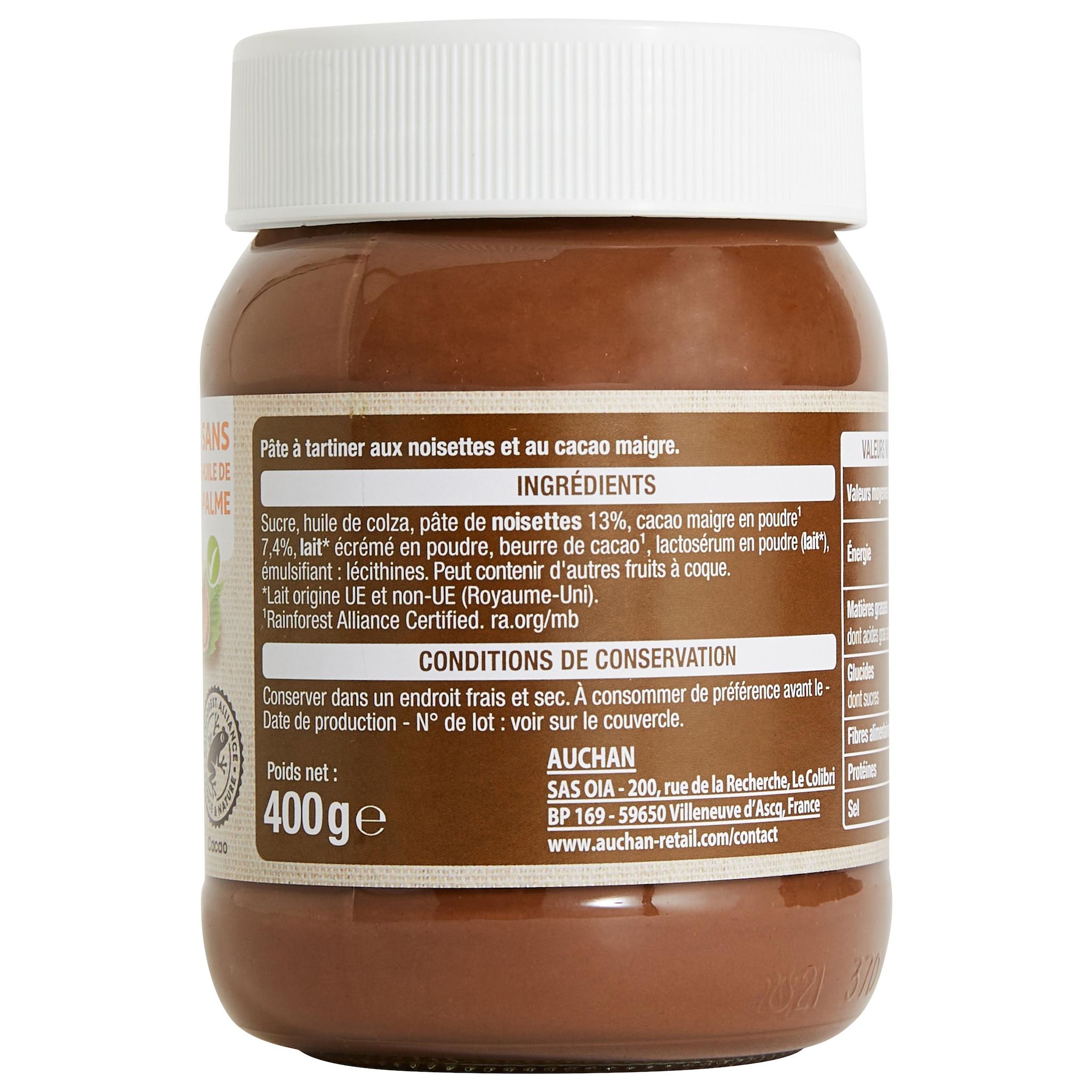 Voir la diapositive 4 : AUCHAN Pasta cao Pâte à tartiner cacao et noisettes sans huile de palme 400g