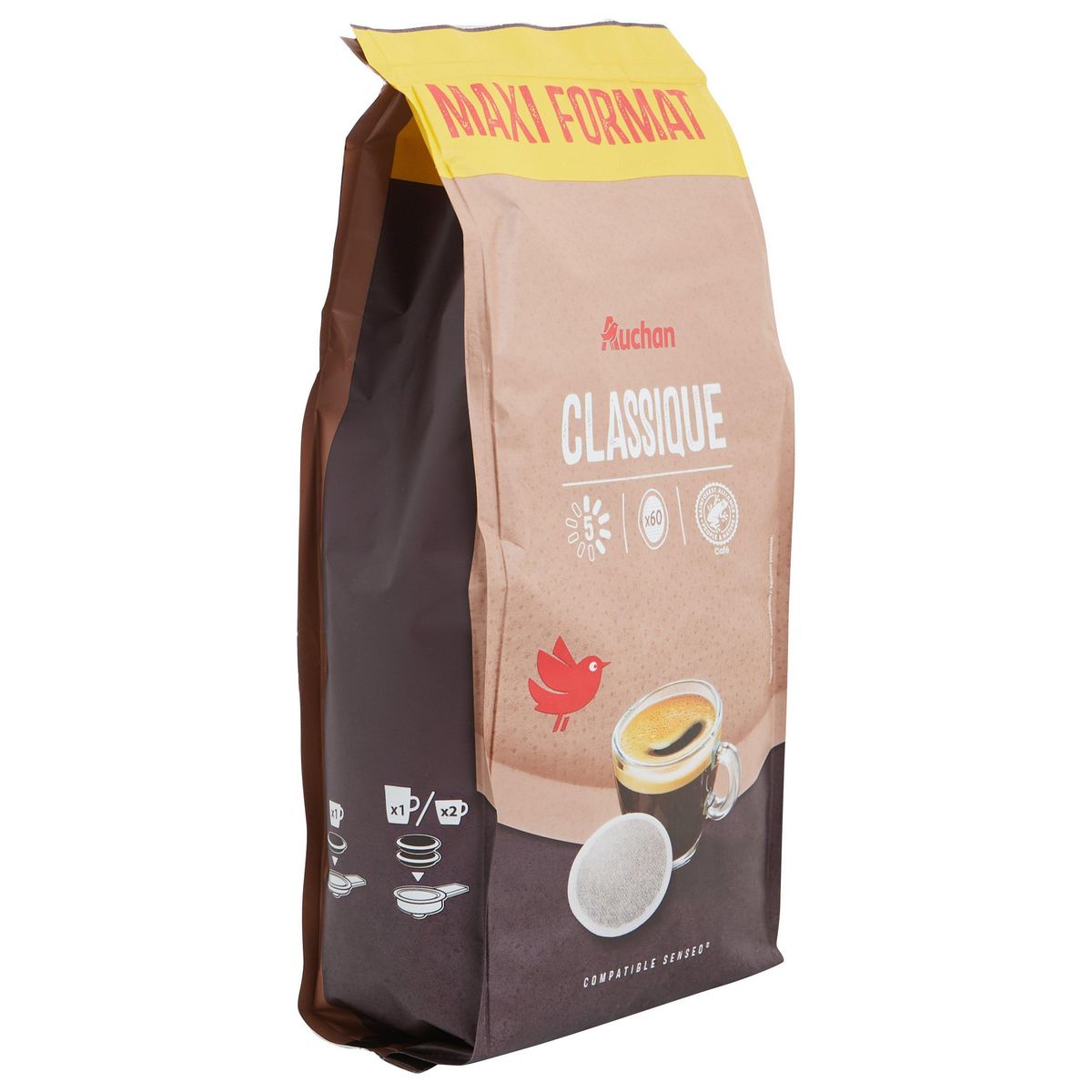 AUCHAN Dosettes de café classique intensité 5 compatibles Senseo 60 dosettes  414g